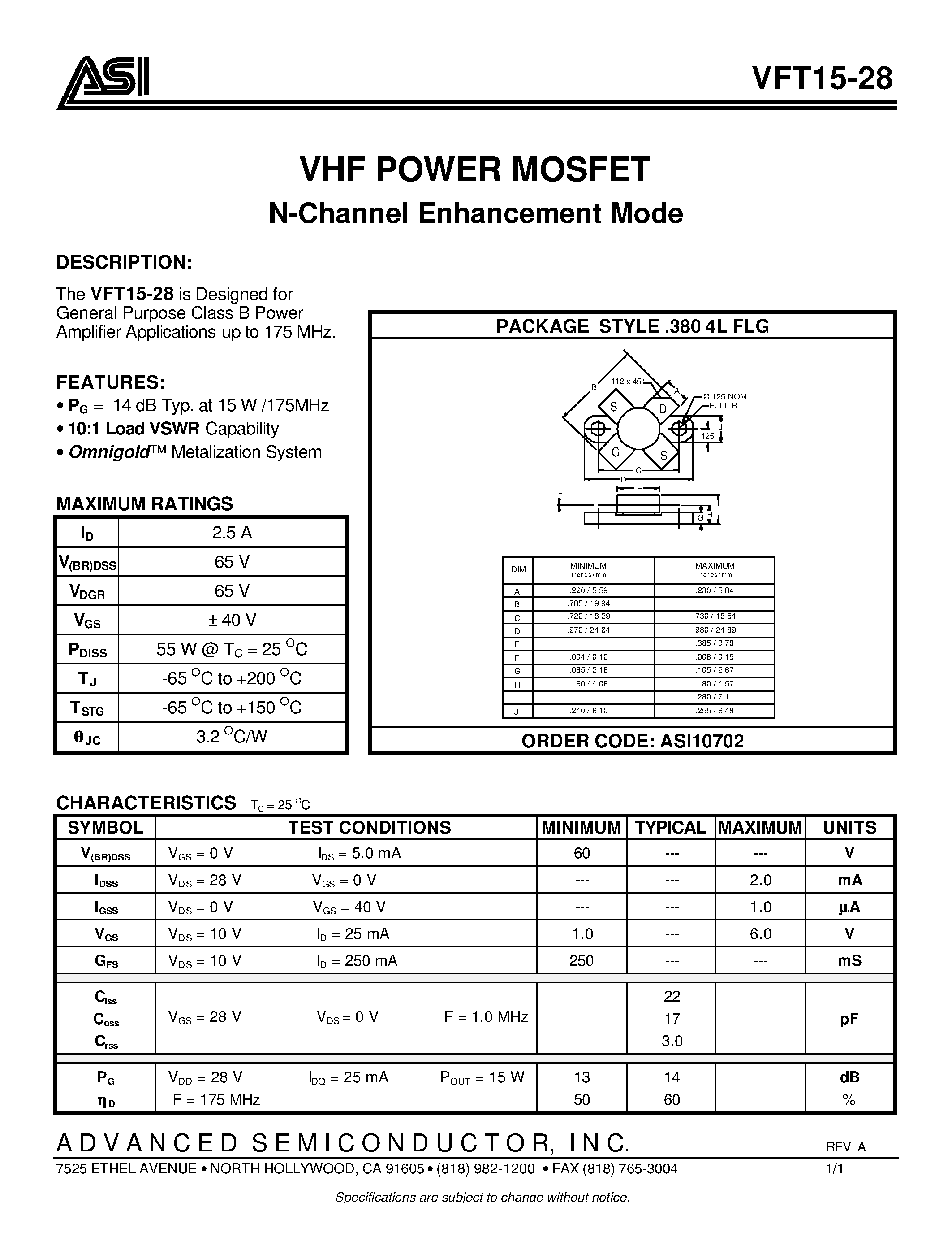 Даташит VFT15-28 - VHF POWER MOSFET N-Channel Enhancement Mode страница 1