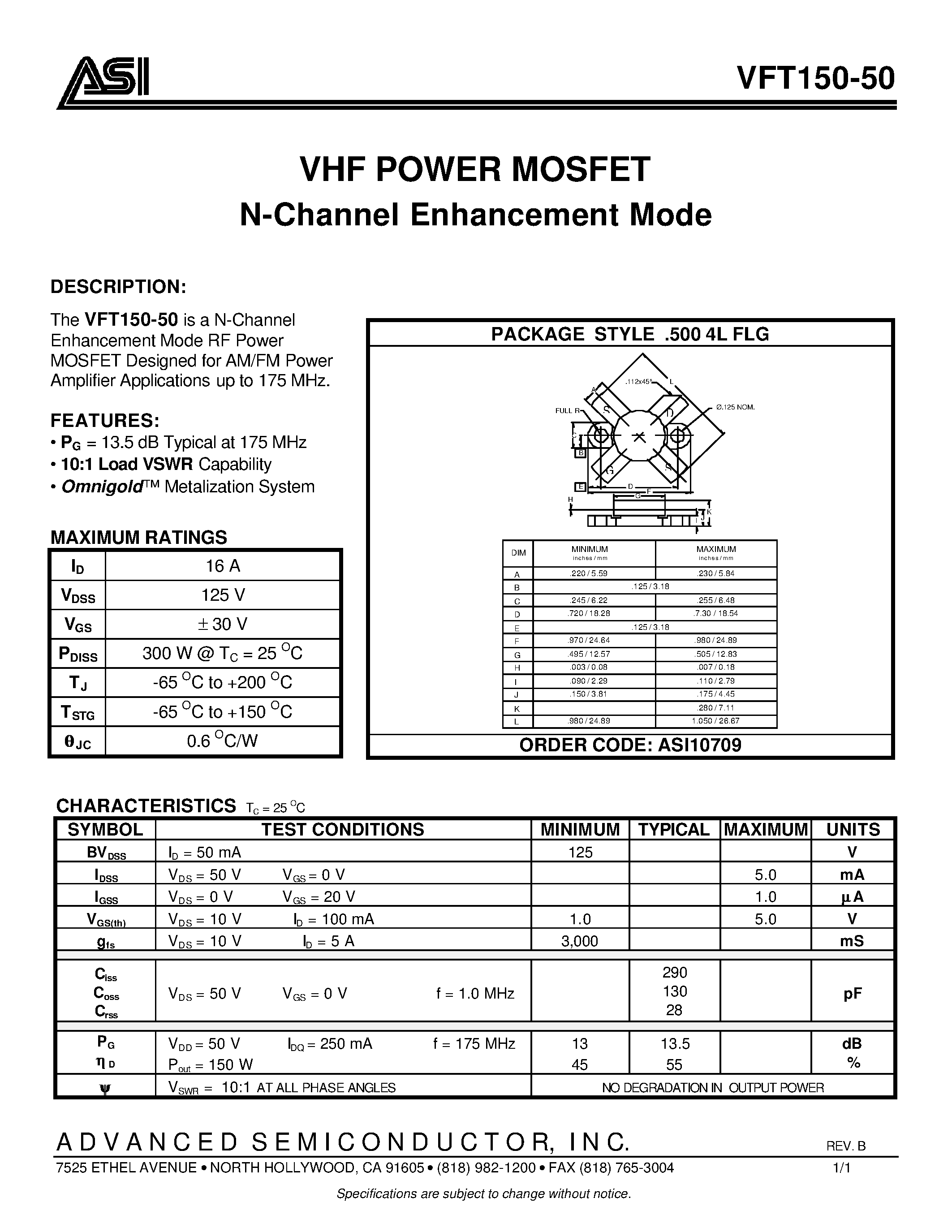 Даташит VFT150-50 - VHF POWER MOSFET N-Channel Enhancement Mode страница 1