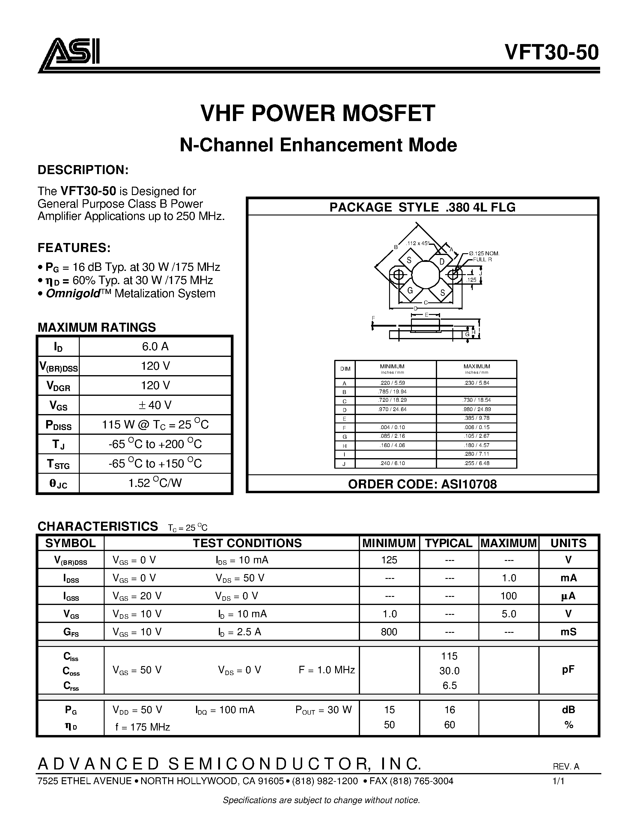 Даташит VFT30-50 - VHF POWER MOSFET N-Channel Enhancement Mode страница 1