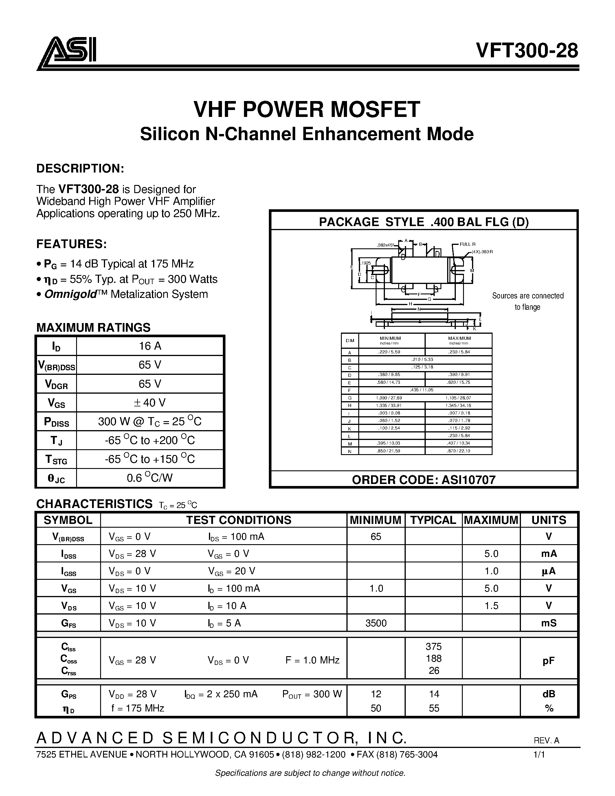 Даташит VFT300-28 - VHF POWER MOSFET Silicon N-Channel Enhancement Mode страница 1