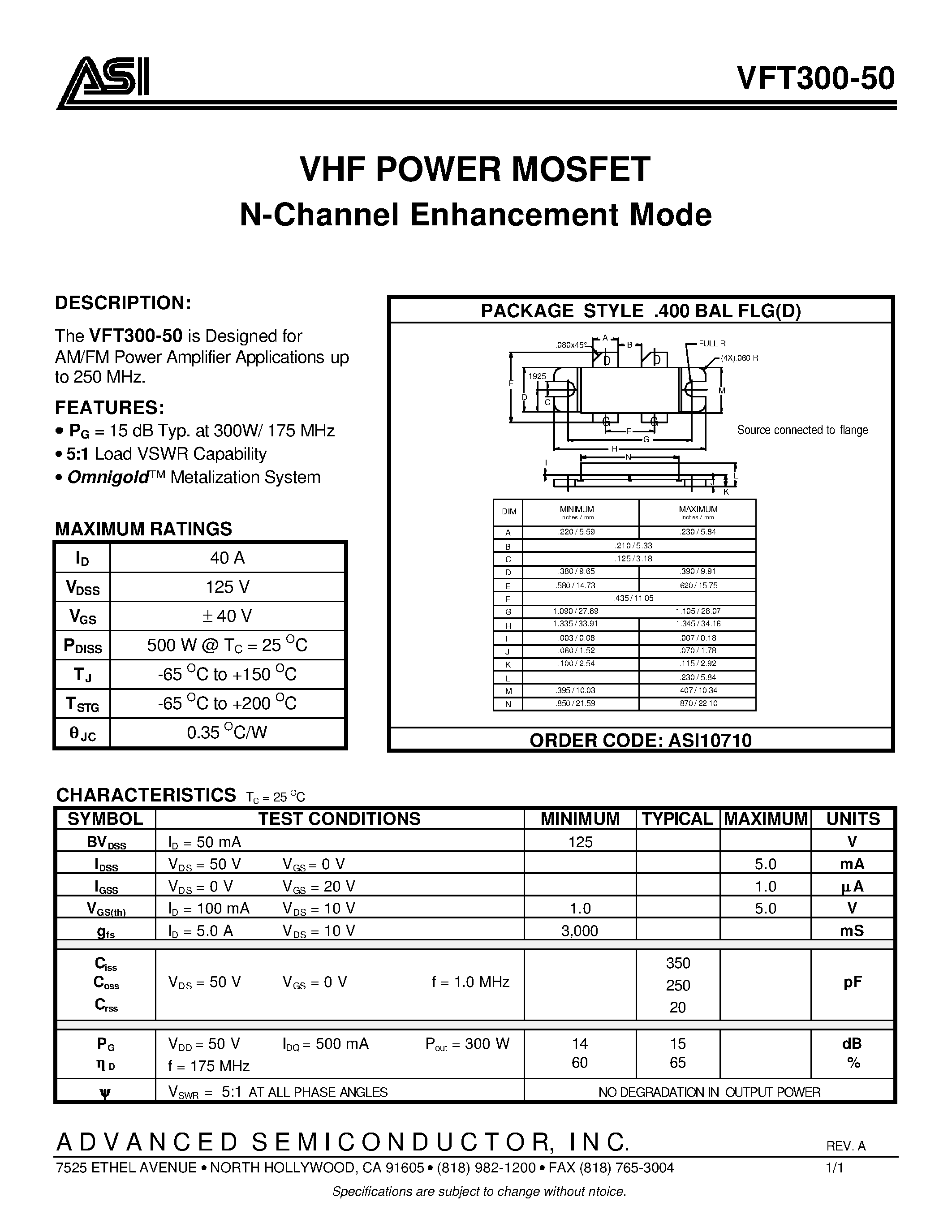 Даташит VFT300-50 - VHF POWER MOSFET N-Channel Enhancement Mode страница 1