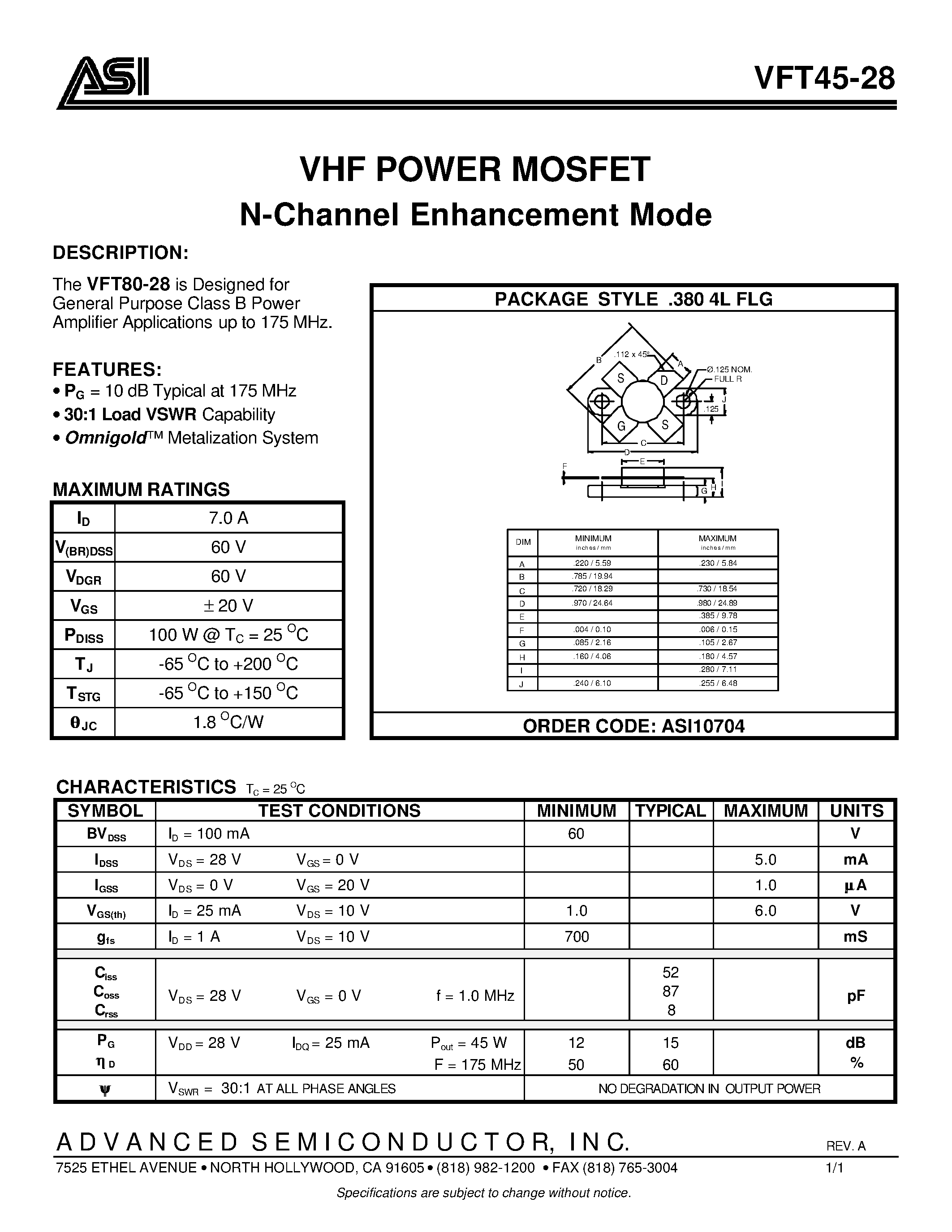 Даташит VFT45-28 - VHF POWER MOSFET N-Channel Enhancement Mode страница 1