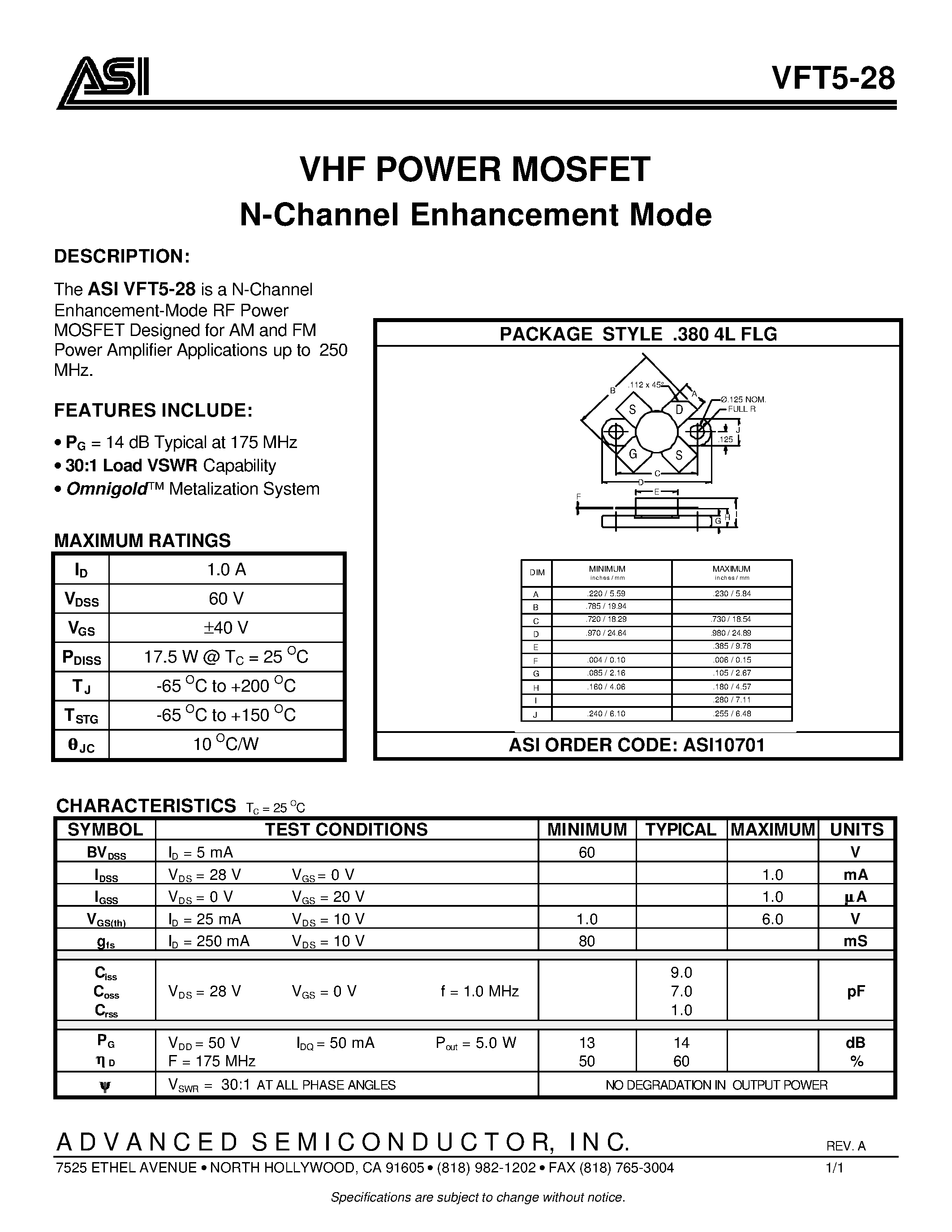 Даташит VFT5-28 - VHF POWER MOSFET N-Channel Enhancement Mode страница 1