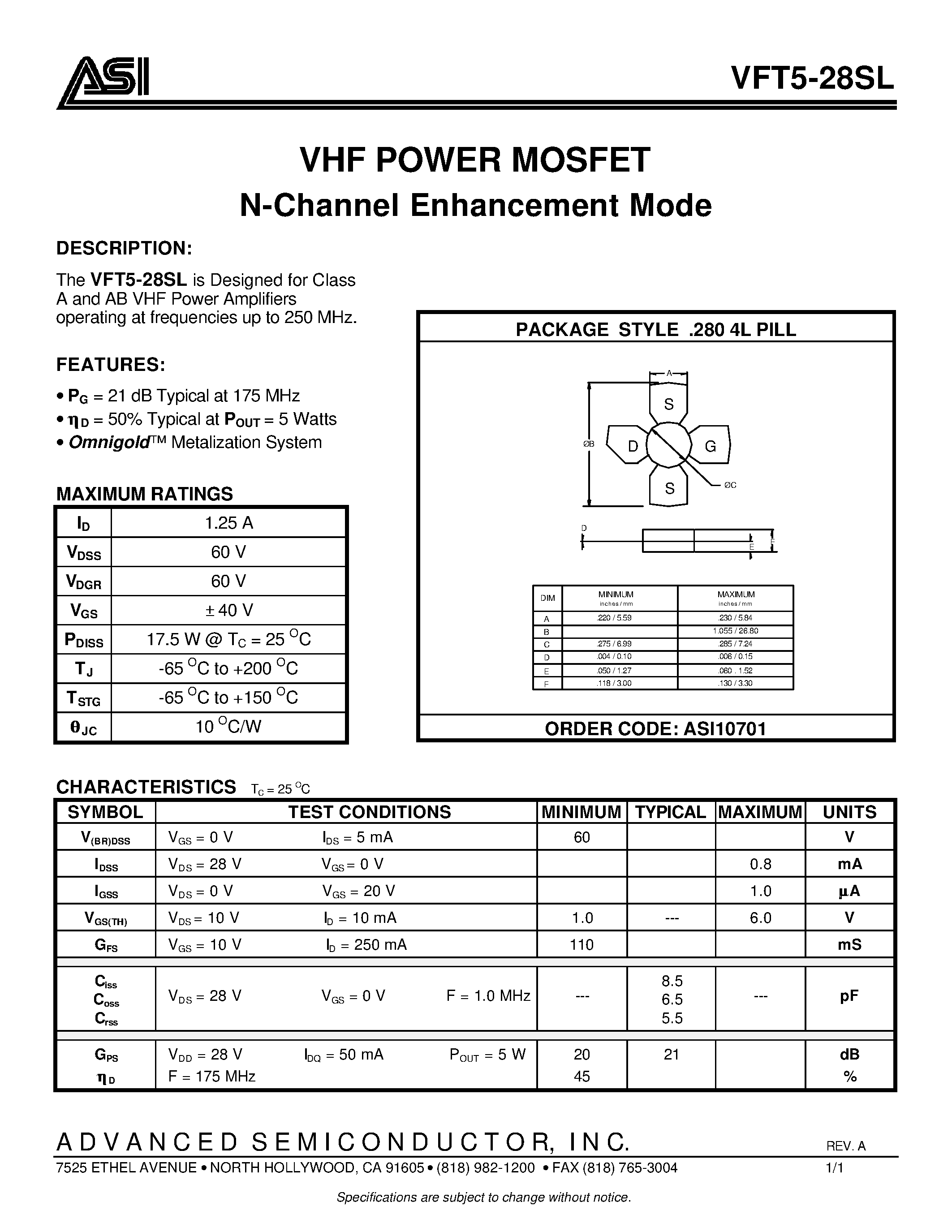 Даташит VFT5-28SL - VHF POWER MOSFET N-Channel Enhancement Mode страница 1