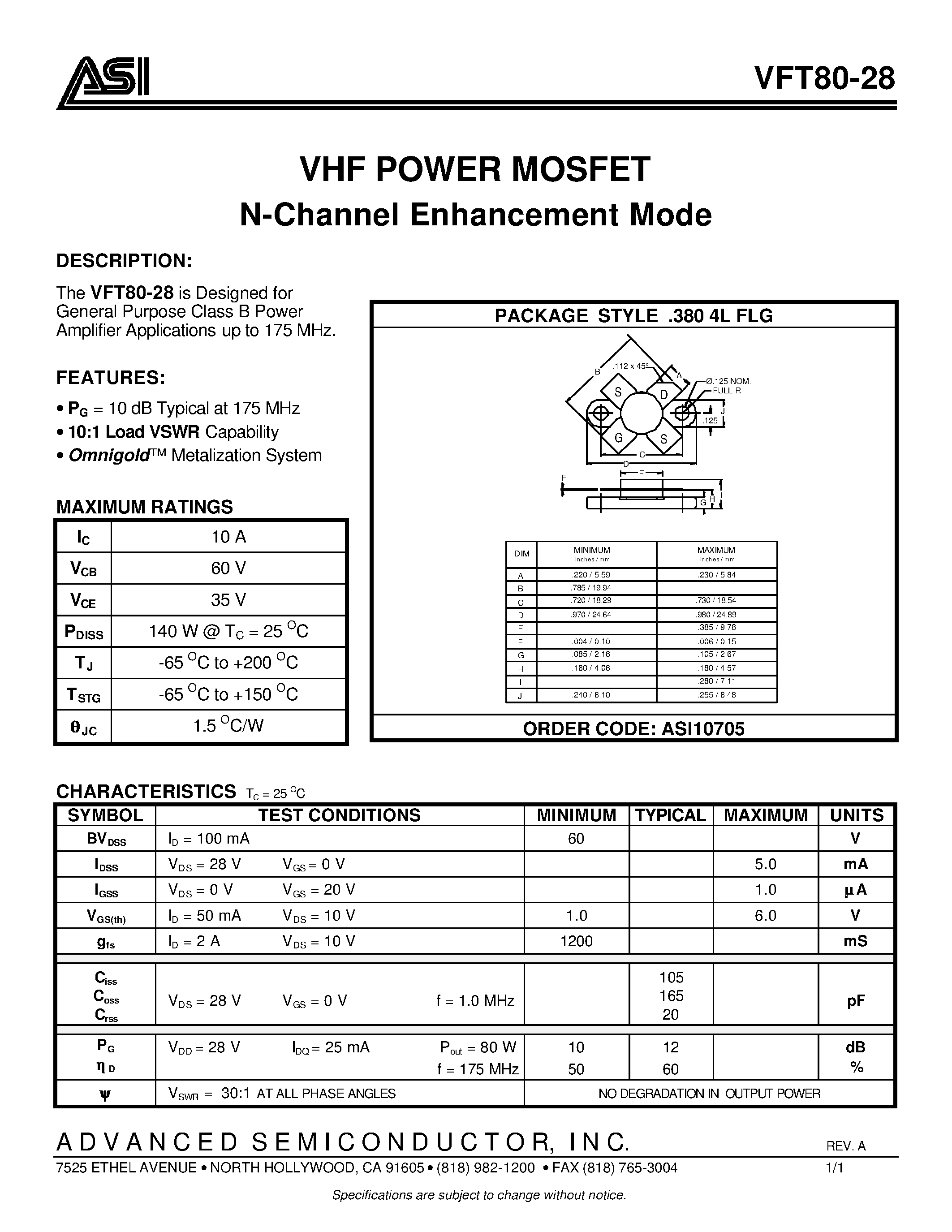 Даташит VFT80-28 - VHF POWER MOSFET N-Channel Enhancement Mode страница 1