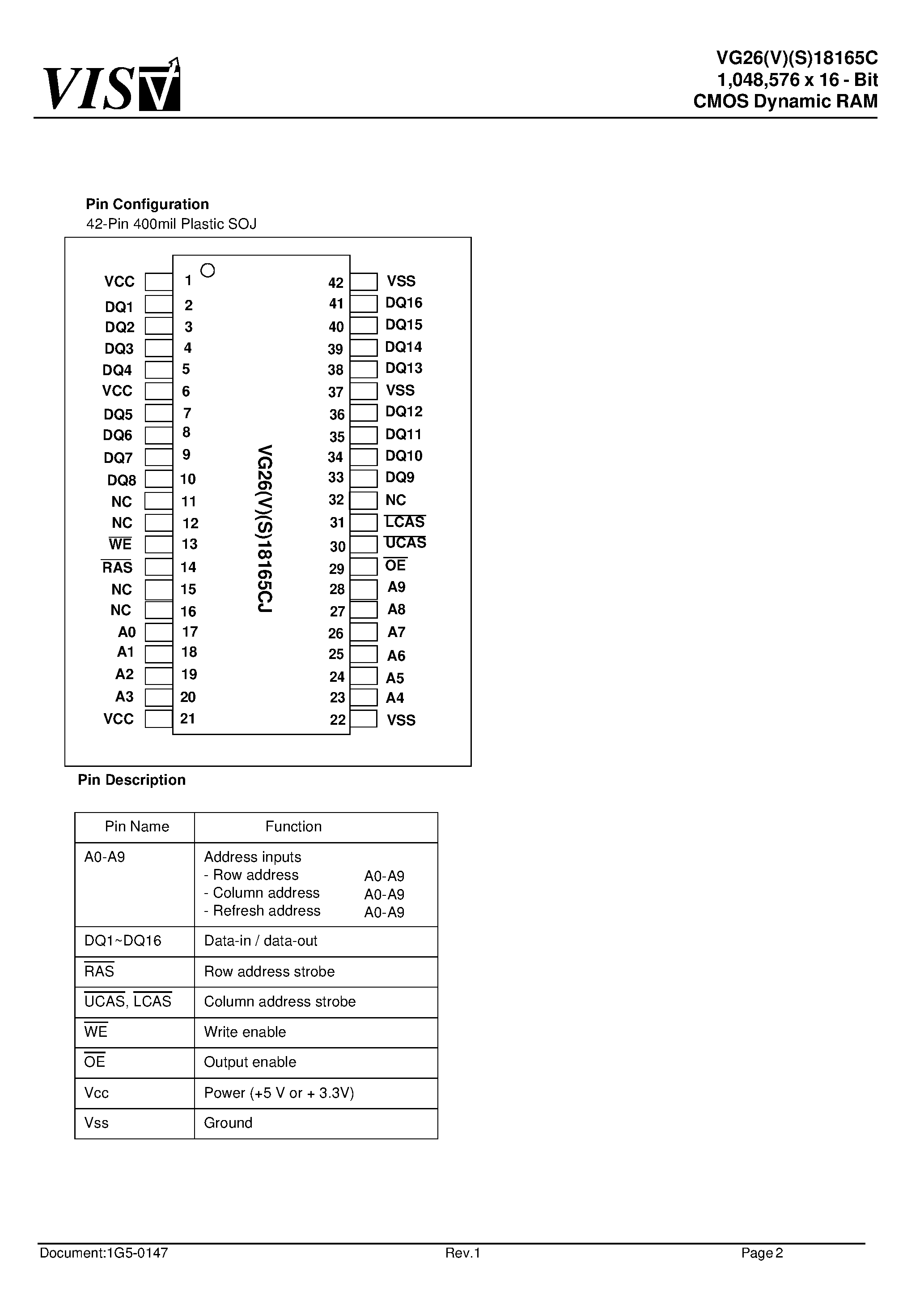 Даташит VG26VS18165C - 1/048/576 x 16 - Bit CMOS Dynamic RAM страница 2
