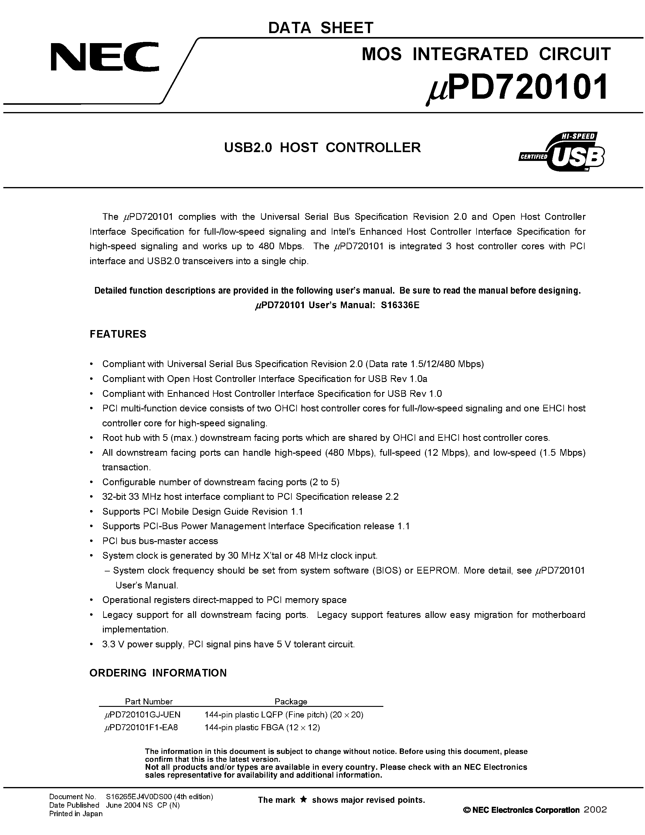 Даташит UPD720101F1-EA8 - USB2.0 HOST CONTROLLER страница 1