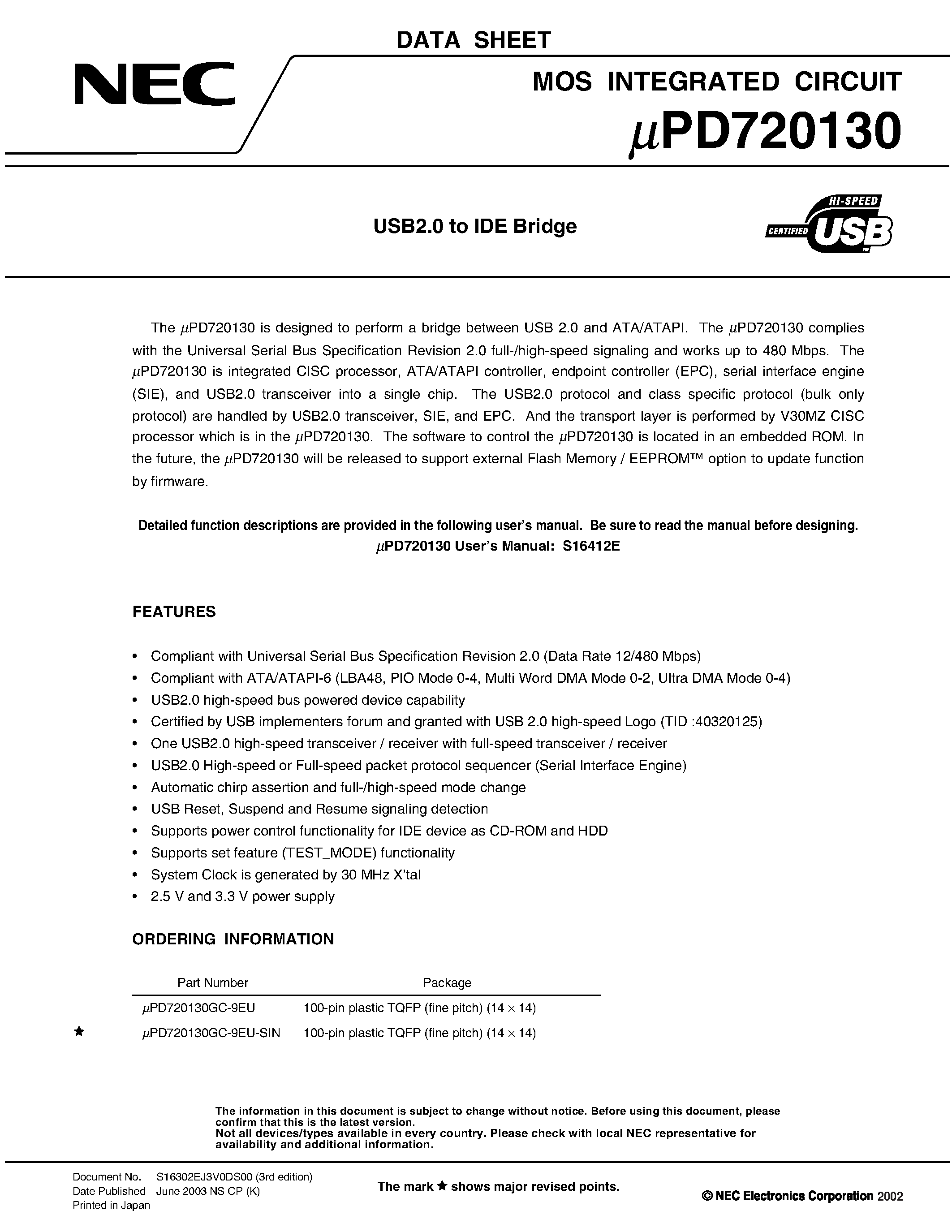 Datasheet UPD720130GC-9EU - USB2.0 to IDE Bridge page 1