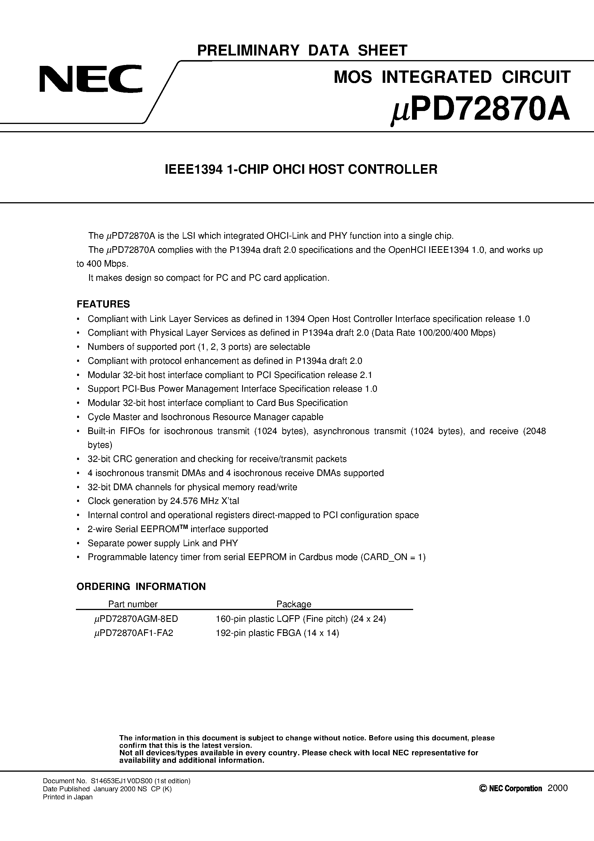 Даташит UPD72870A - IEEE1394 1-CHIP OHCI HOST CONTROLLER страница 1