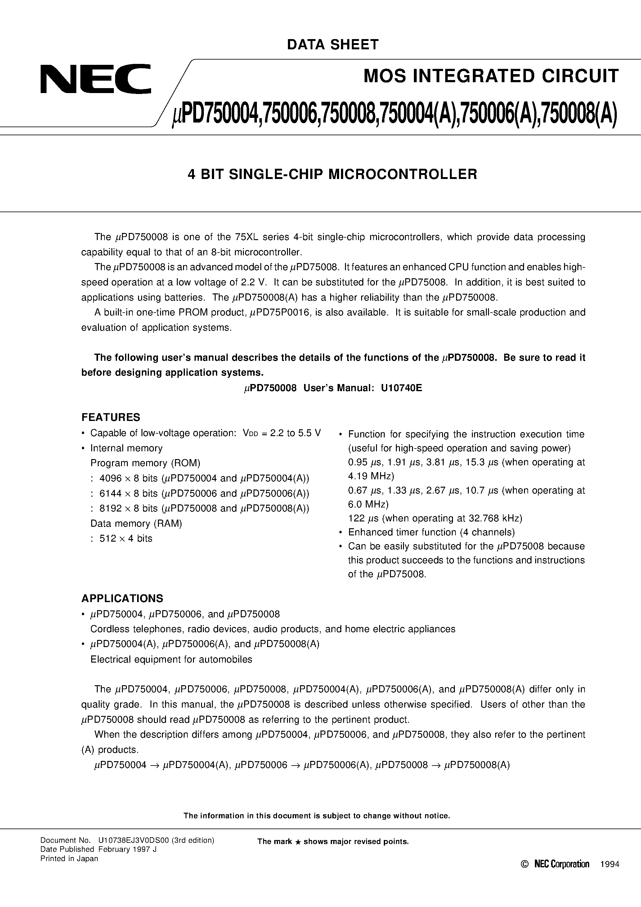 Datasheet UPD750004 - 4 BIT SINGLE-CHIP MICROCONTROLLER page 1