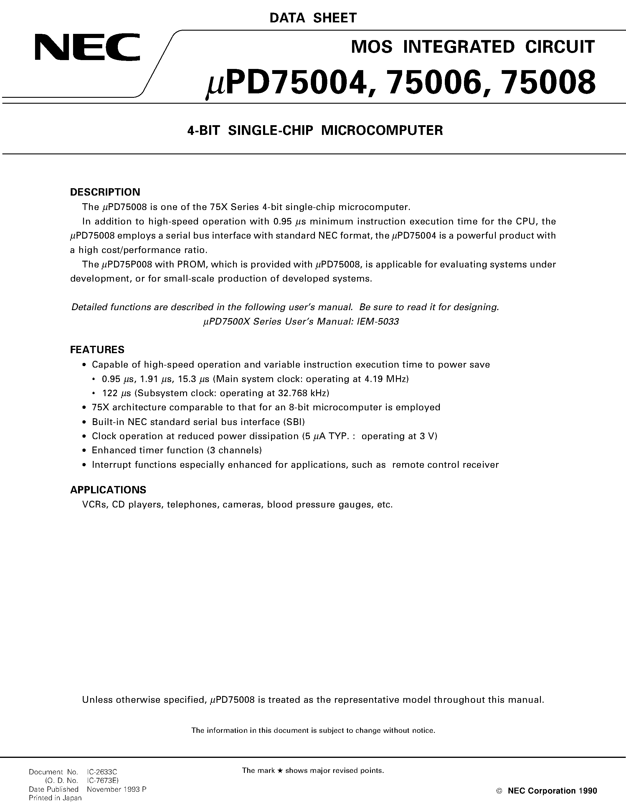 Datasheet UPD75004 - 4-BIT SINGLE-CHIP MICROCOMPUTER page 1