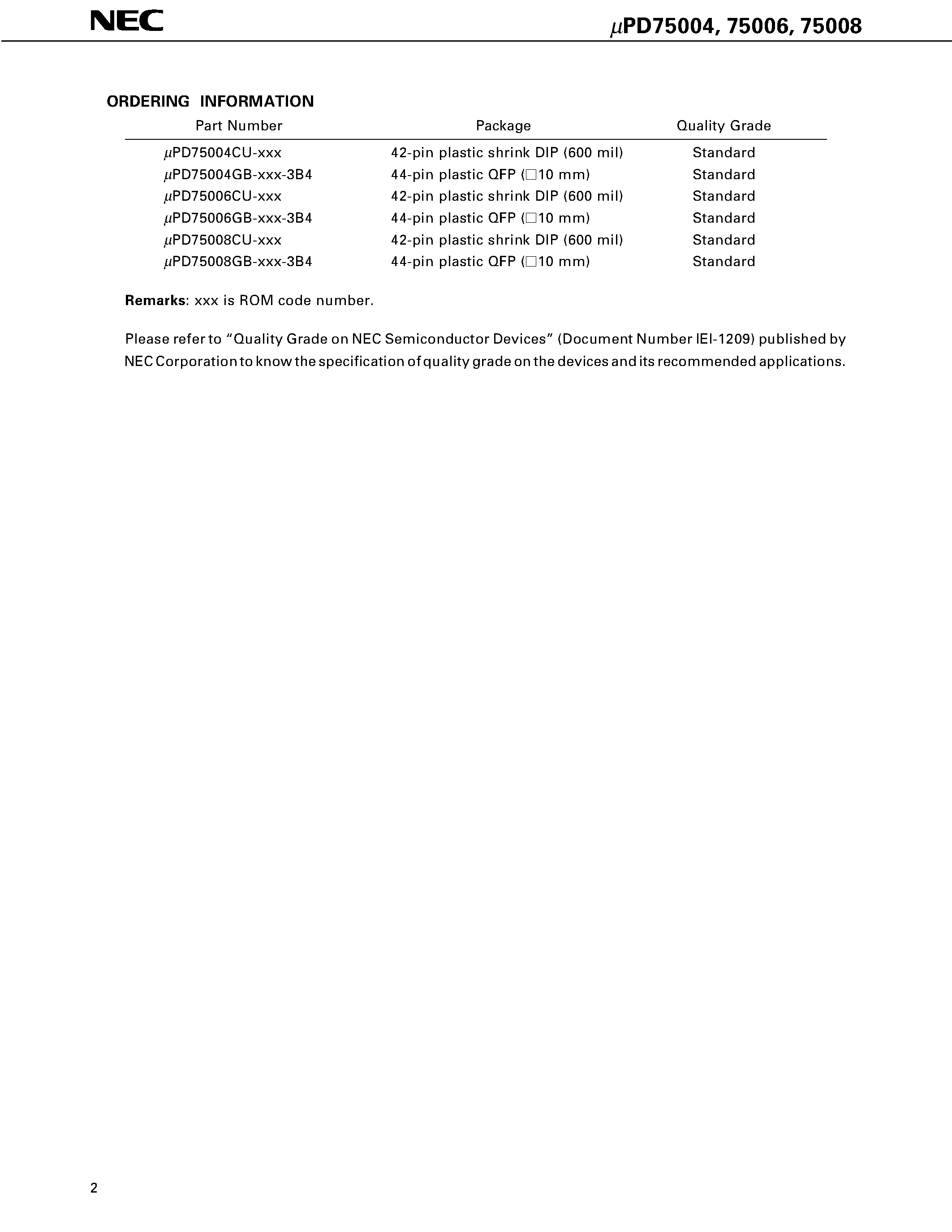 Datasheet UPD75004 - 4-BIT SINGLE-CHIP MICROCOMPUTER page 2