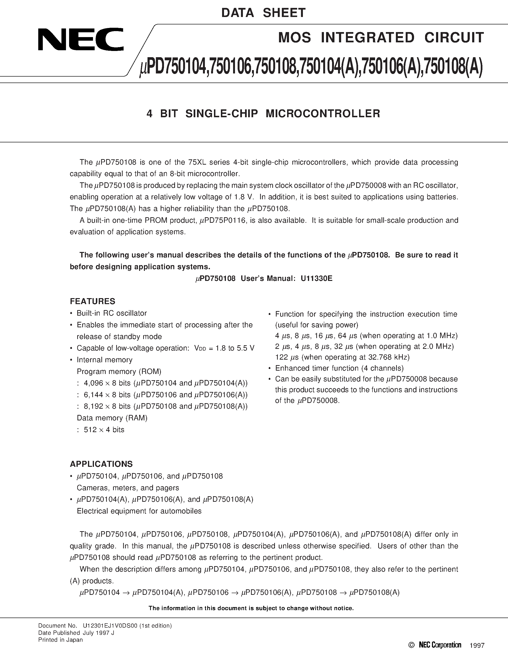 Datasheet UPD750104 - 4 BIT SINGLE-CHIP MICROCONTROLLER page 1