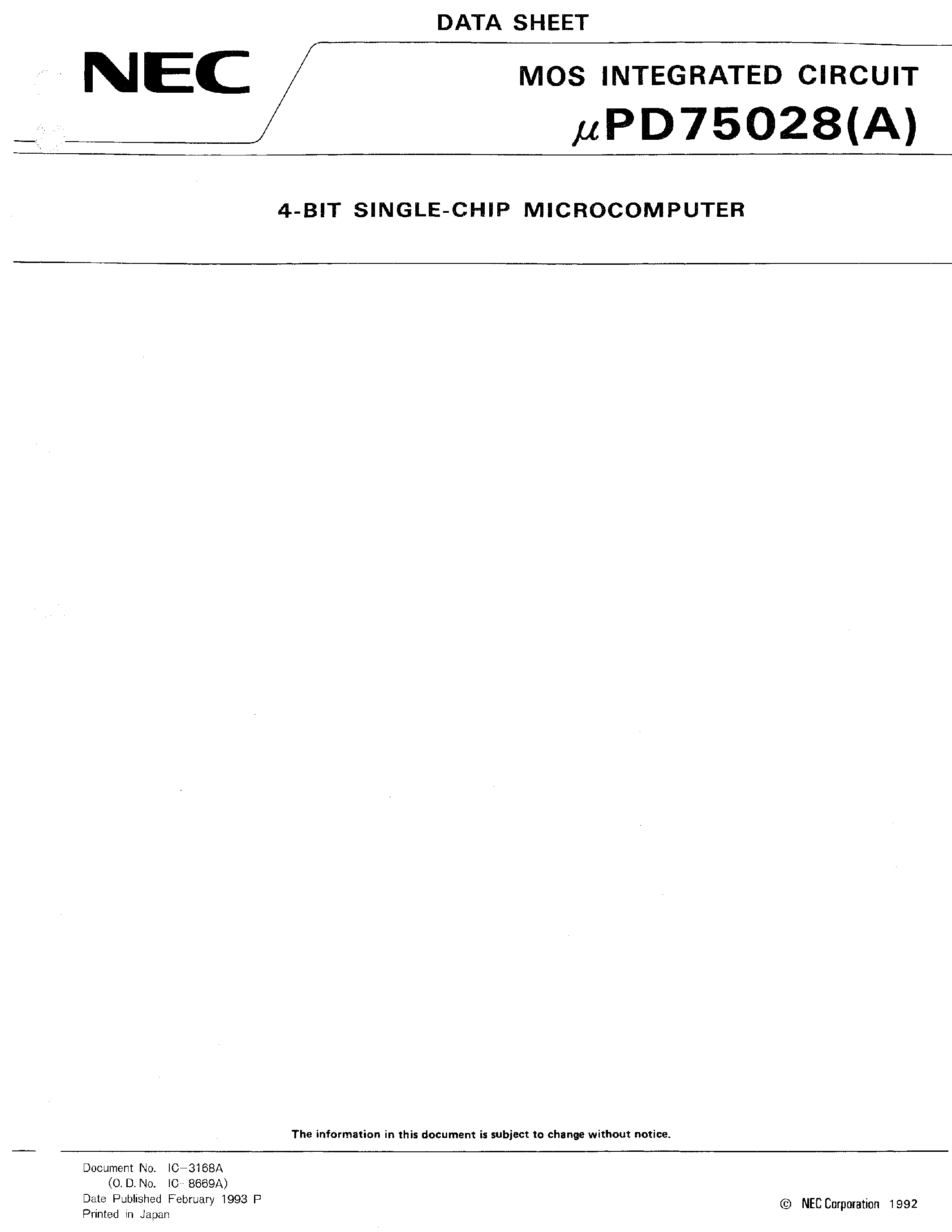 Datasheet UPD75028 - 4 BIT SINGLE-CHIP MICROCOMPUTER page 1