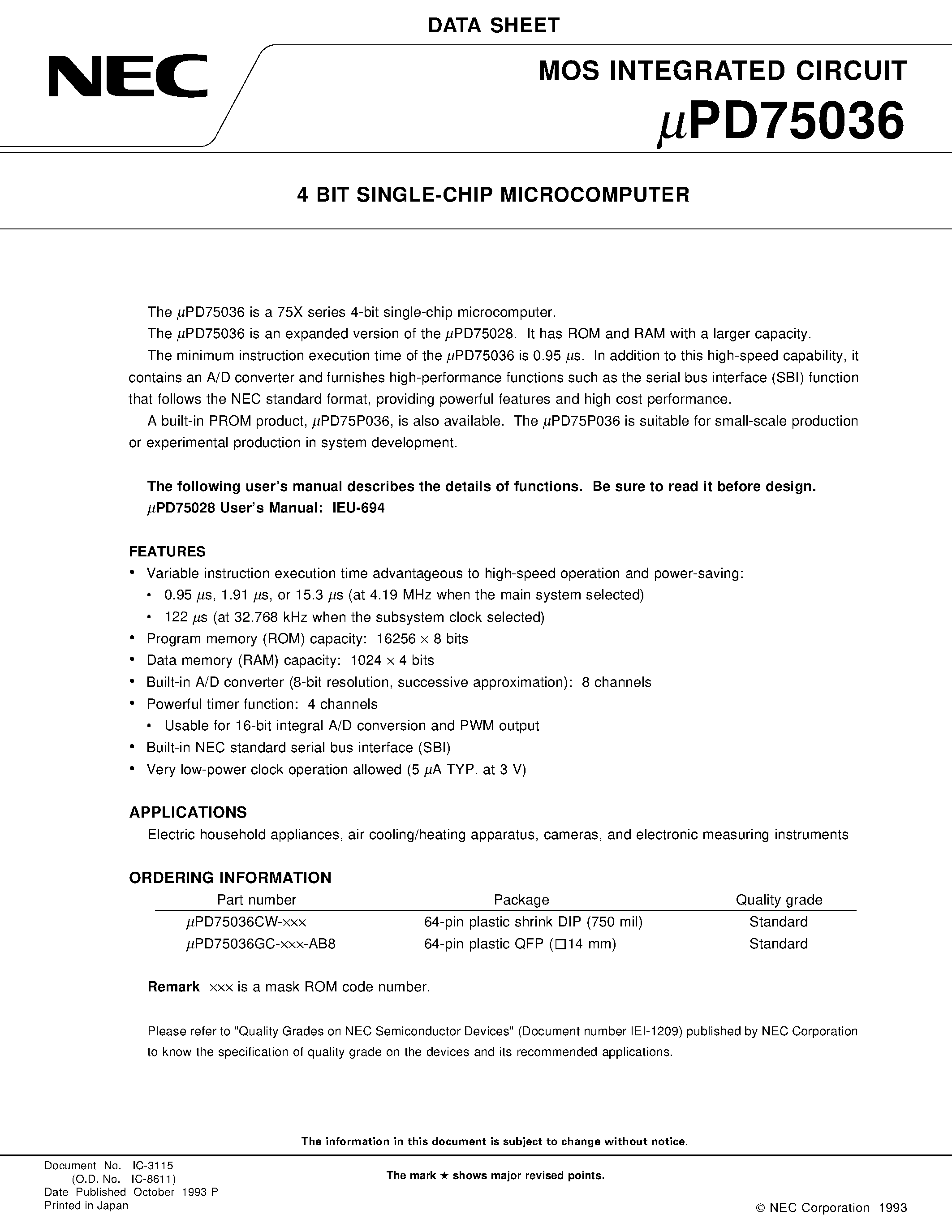 Datasheet UPD75036CW - 4 BIT SINGLE-CHIP MICROCOMPUTER page 1