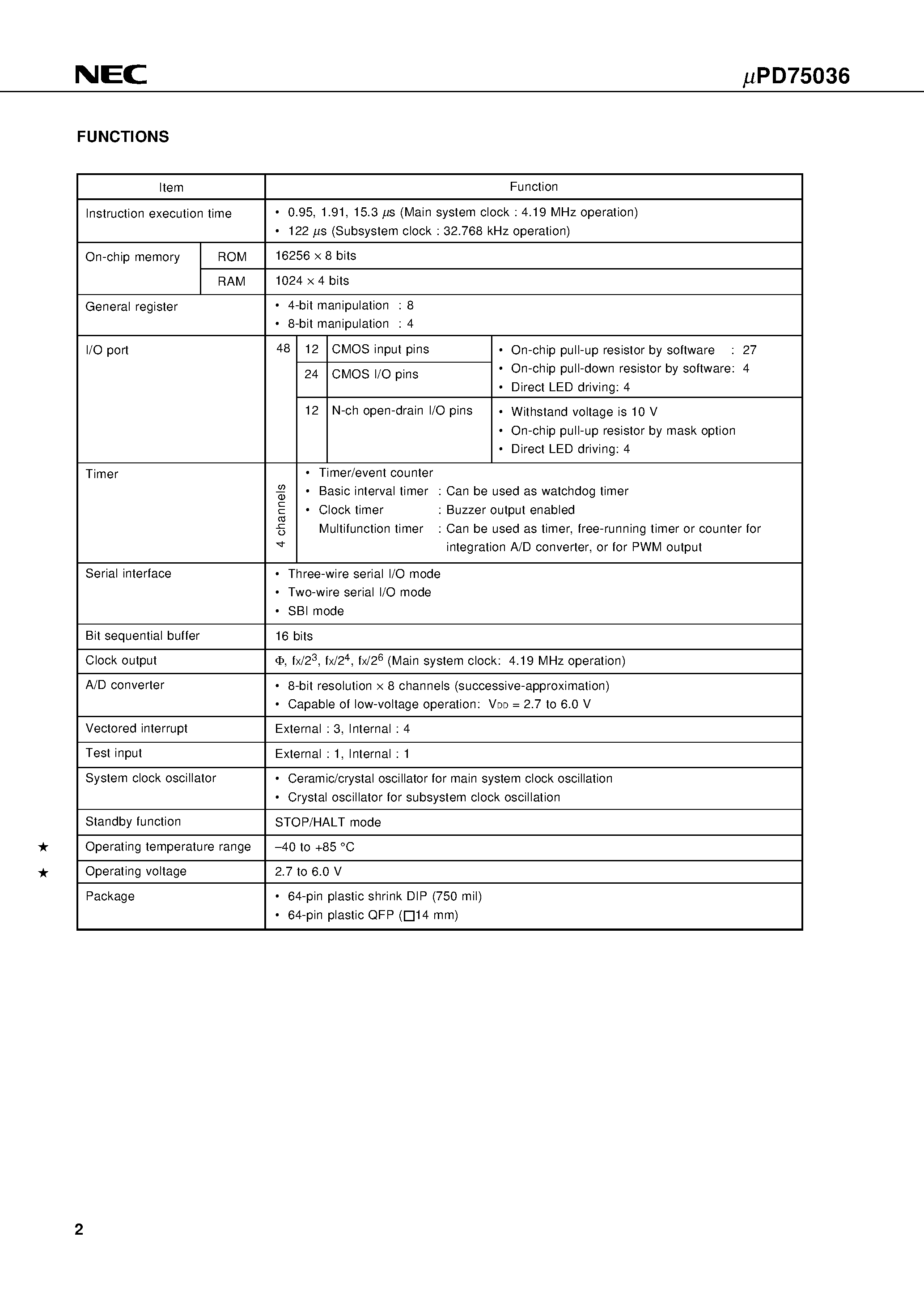 Datasheet UPD75036CW - 4 BIT SINGLE-CHIP MICROCOMPUTER page 2