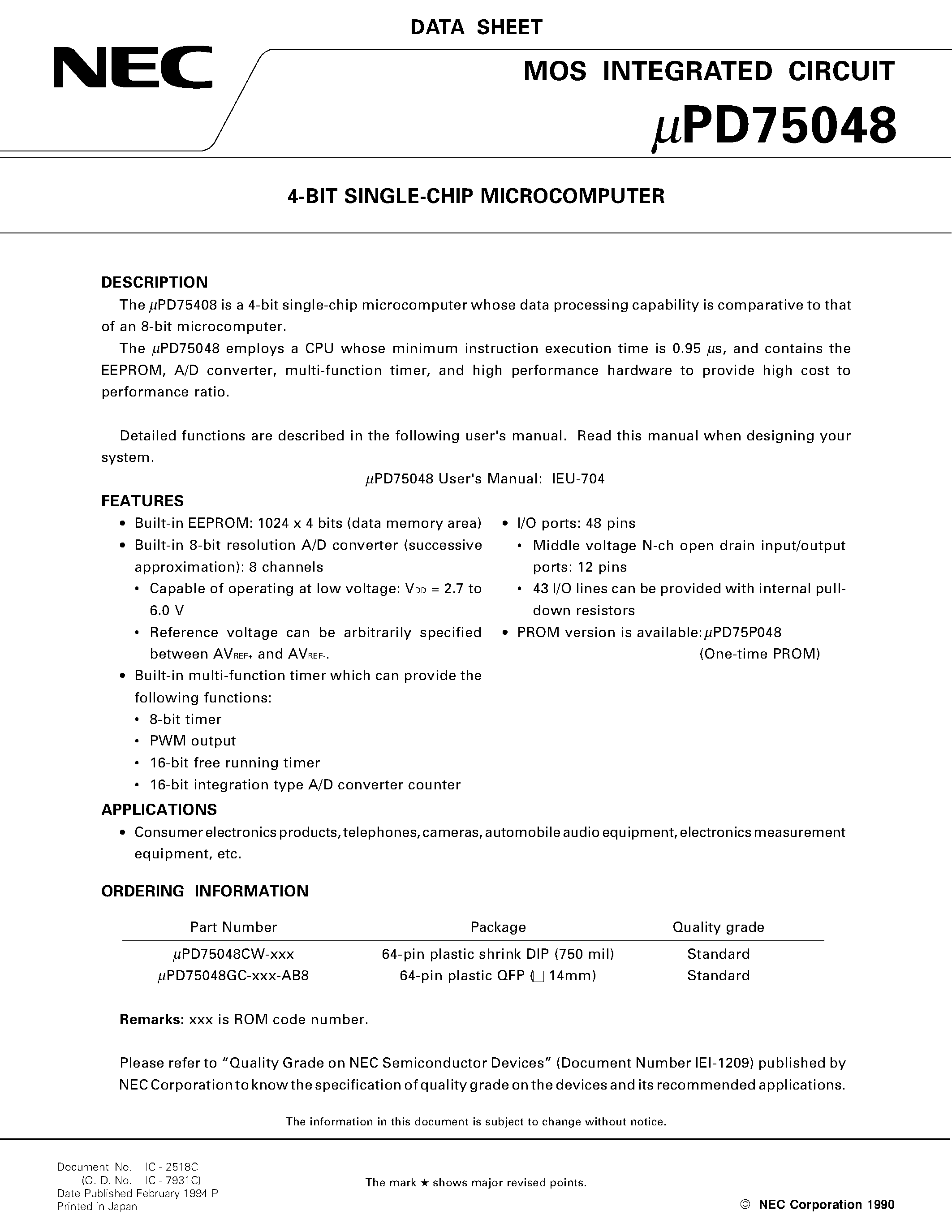 Datasheet UPD75048 - 4-BIT SINGLE-CHIP MICROCOMPUTER page 1