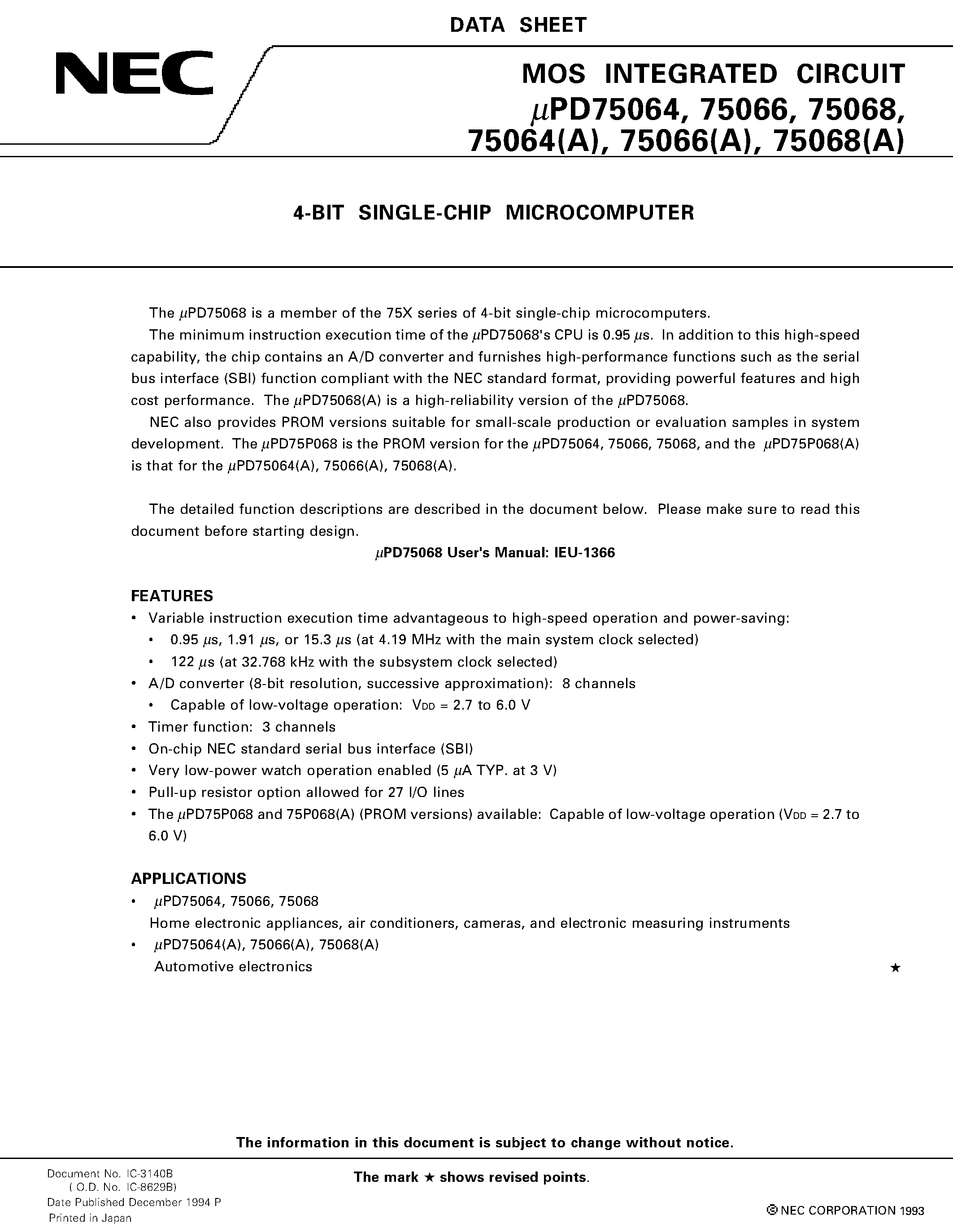 Datasheet UPD75064 - 4-BIT SINGLE-CHIP MICROCOMPUTER page 1