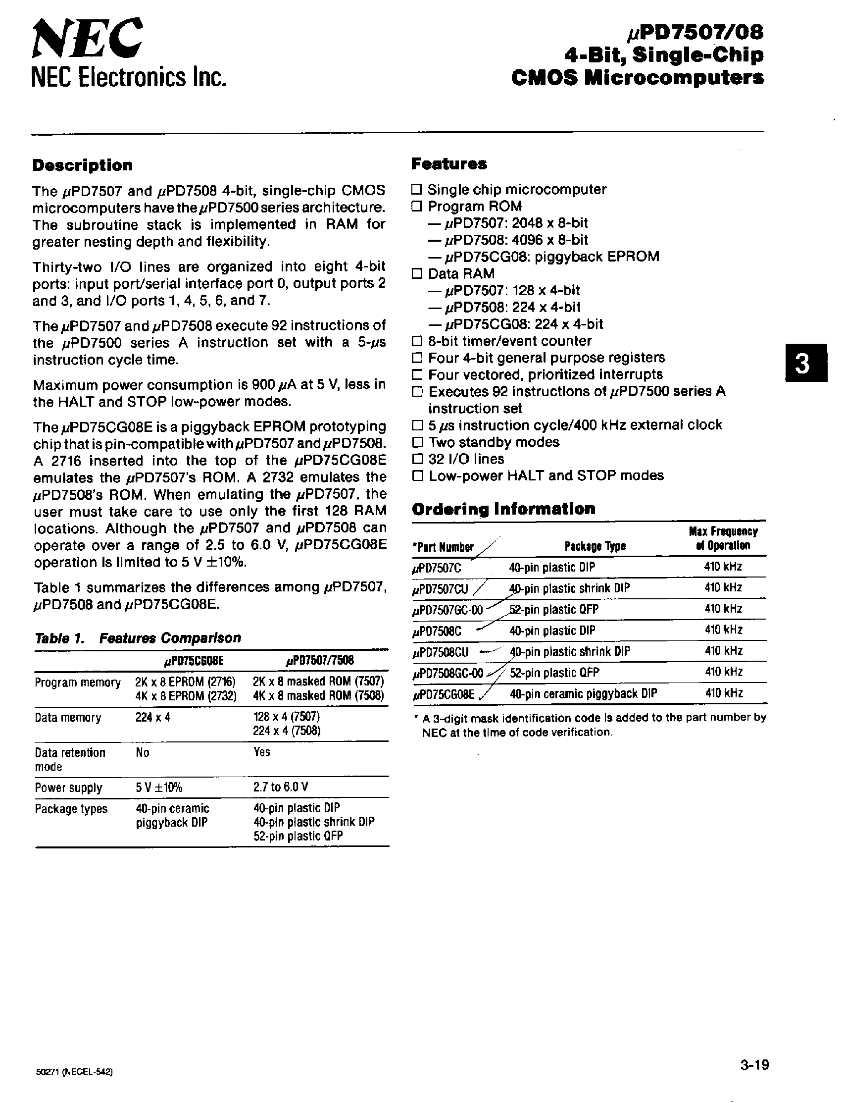 Datasheet UPD7507 - 4 BIT SINGLE CHIP CMOS MICROCOMPUTERS page 1