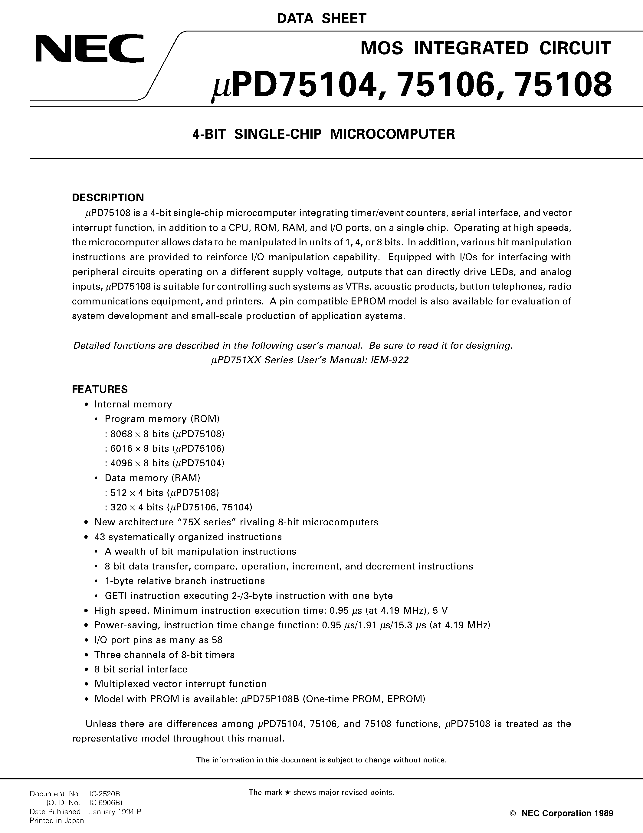 Datasheet UPD75104 - 4-BIT SINGLE-CHIP MICROCOMPUTER page 1