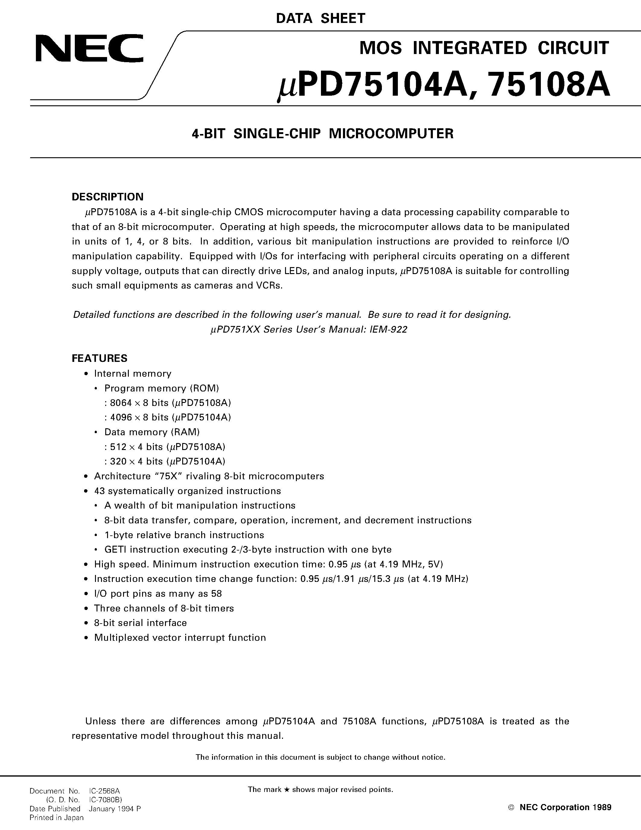 Datasheet UPD75104A - 4-BIT SINGLE-CHIP MICROCOMPUTER page 1