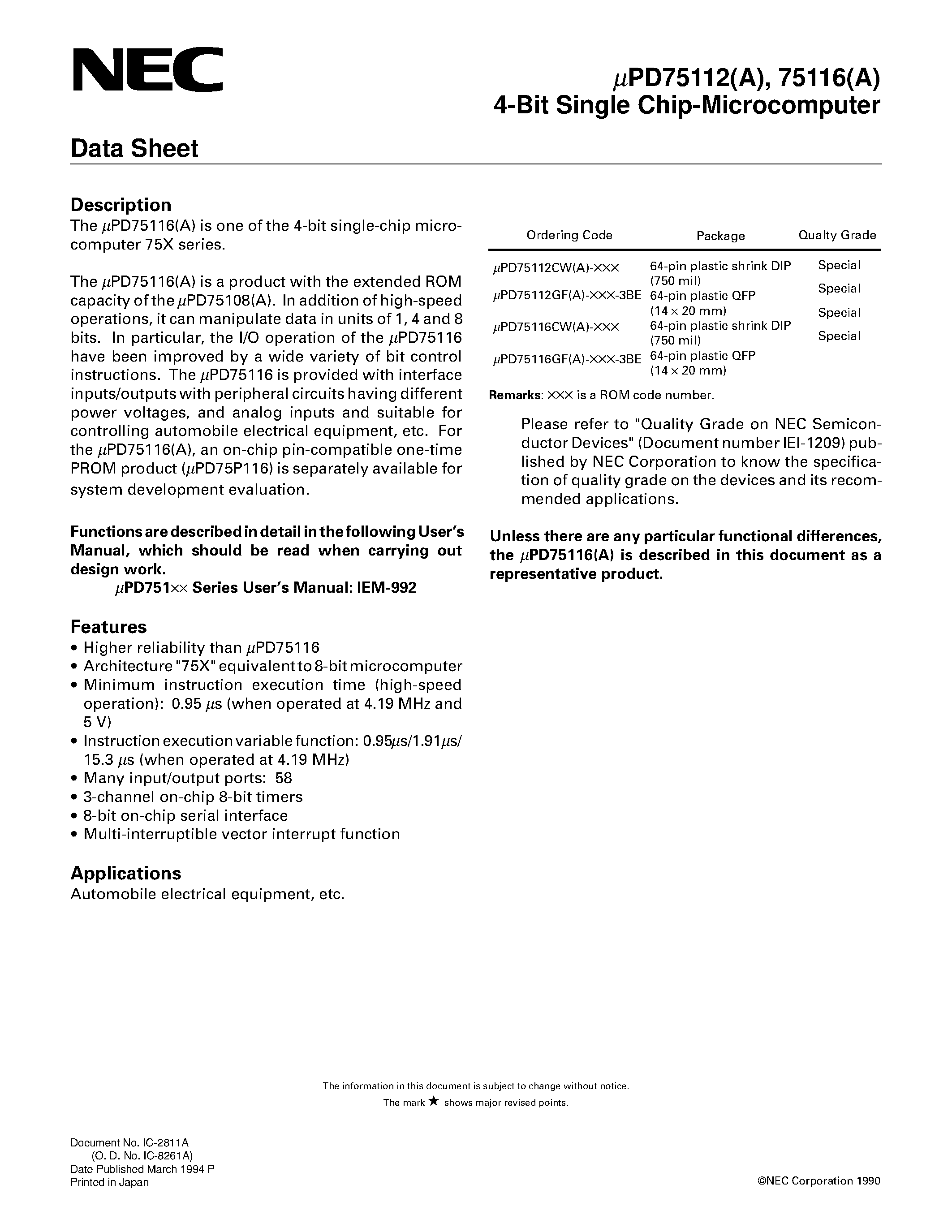 Datasheet UPD75112 - 4-Bit Single Chip-Microcomputer page 1