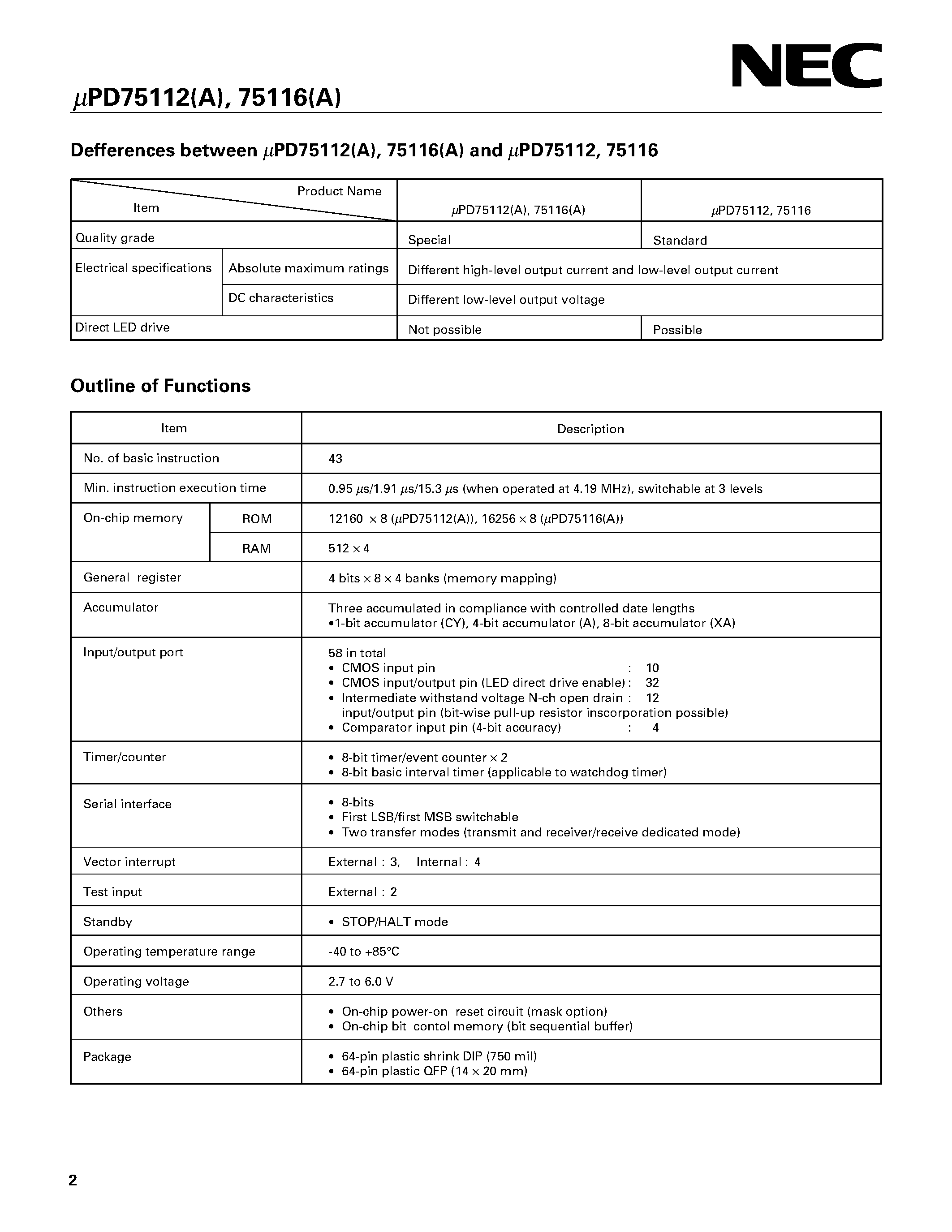 Datasheet UPD75112 - 4-Bit Single Chip-Microcomputer page 2