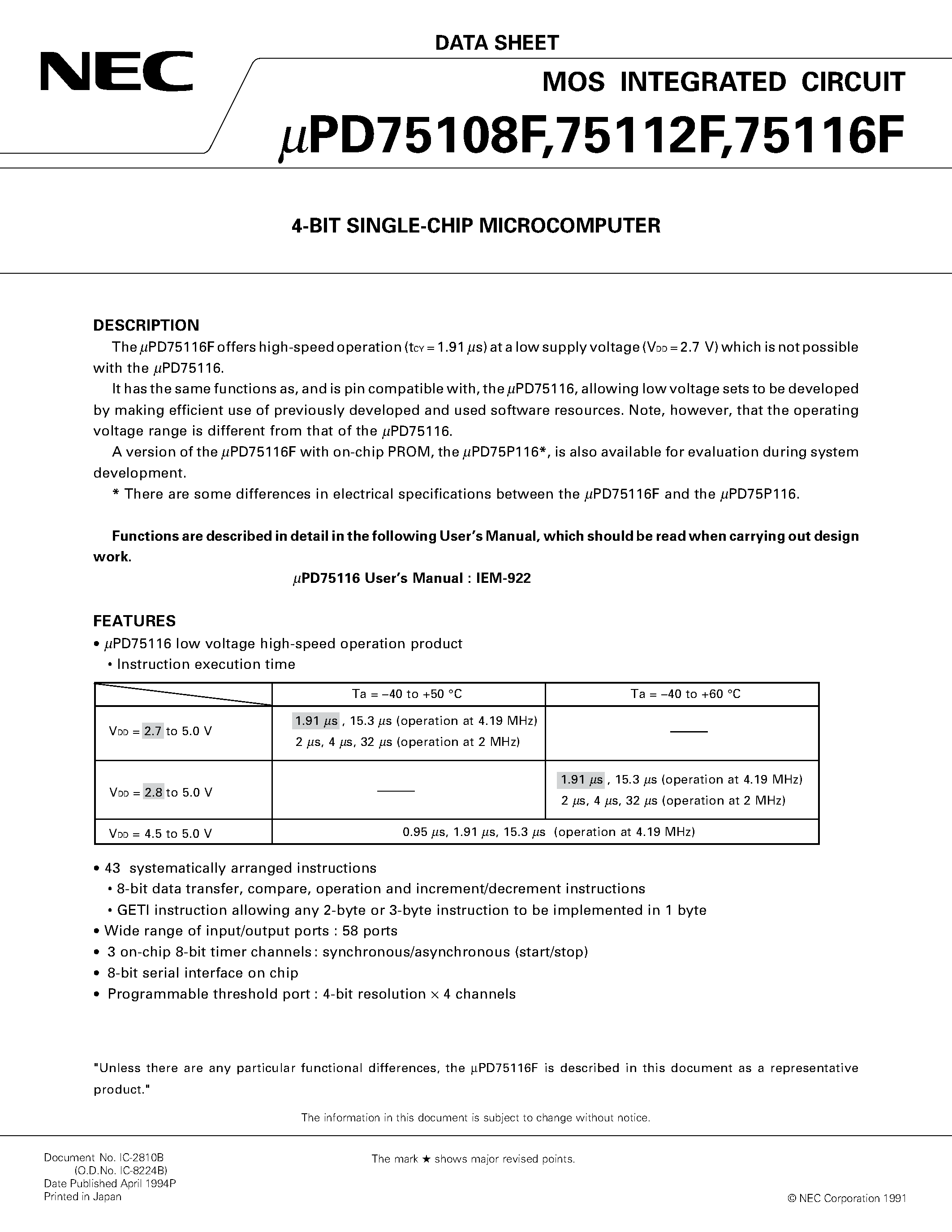 Datasheet UPD75112F - 4-BIT SINGLE-CHIP MICROCOMPUTER page 1