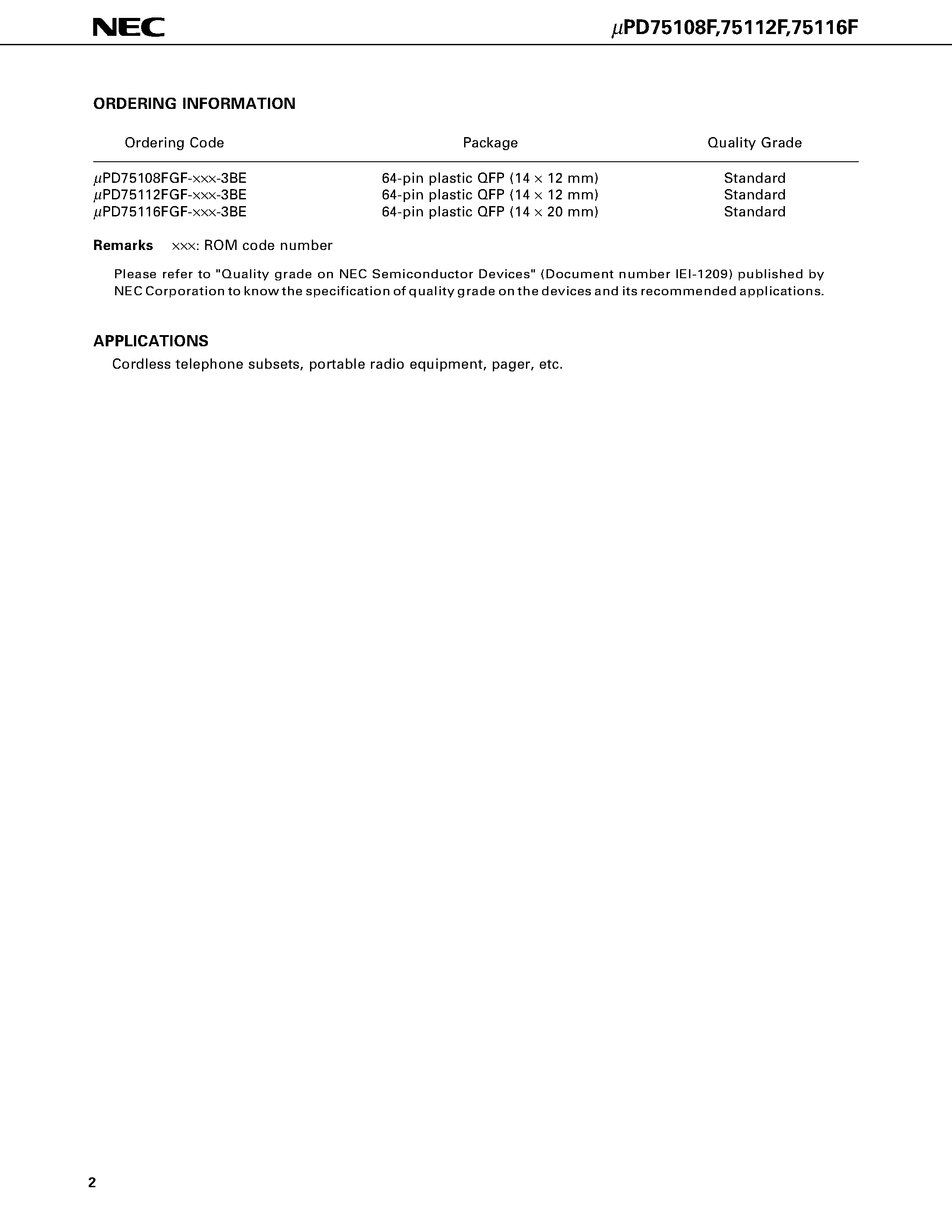 Datasheet UPD75112F - 4-BIT SINGLE-CHIP MICROCOMPUTER page 2