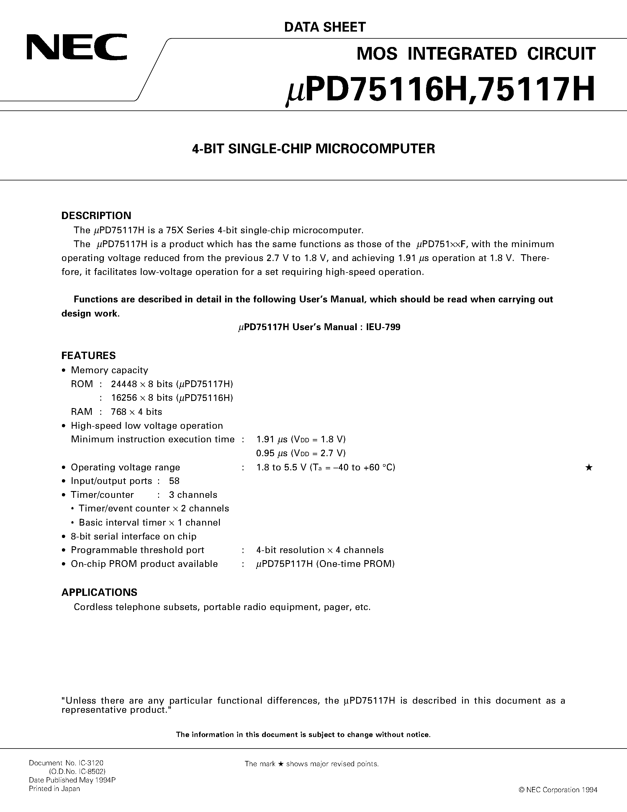 Datasheet UPD75116H - 4-BIT SINGLE-CHIP MICROCOMPUTER page 1