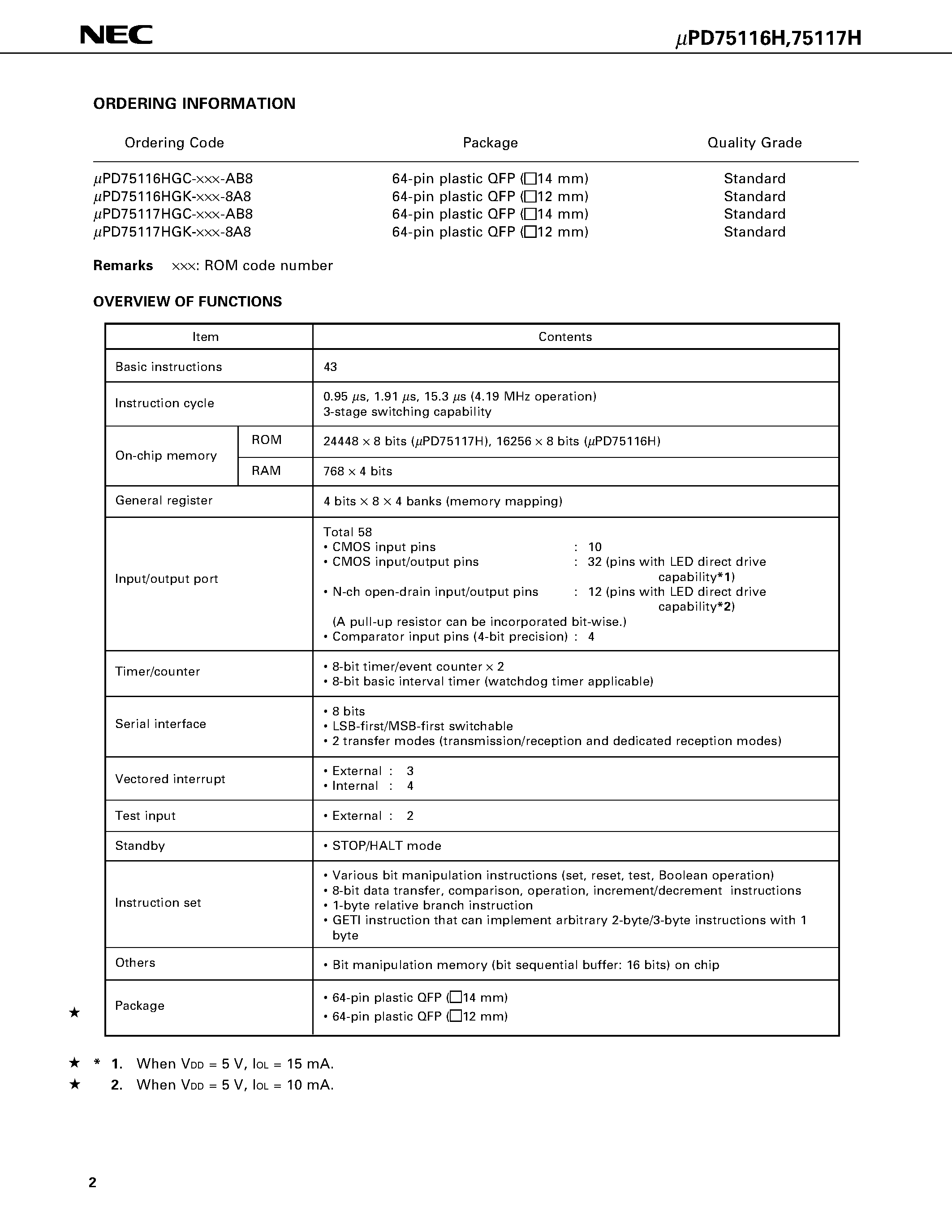 Datasheet UPD75116H - 4-BIT SINGLE-CHIP MICROCOMPUTER page 2