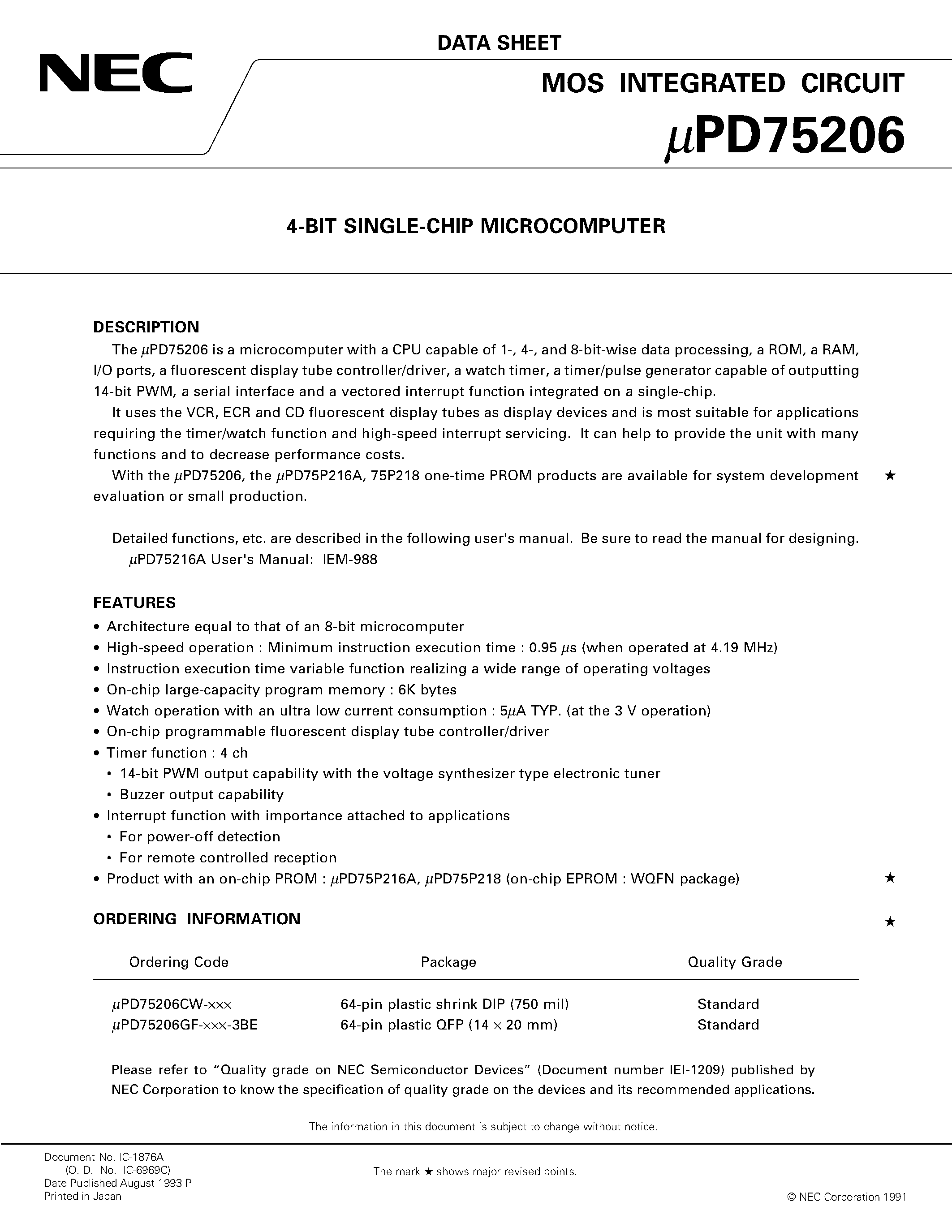 Datasheet UPD75206 - 4-BIT SINGLE-CHIP MICROCOMPUTER page 1