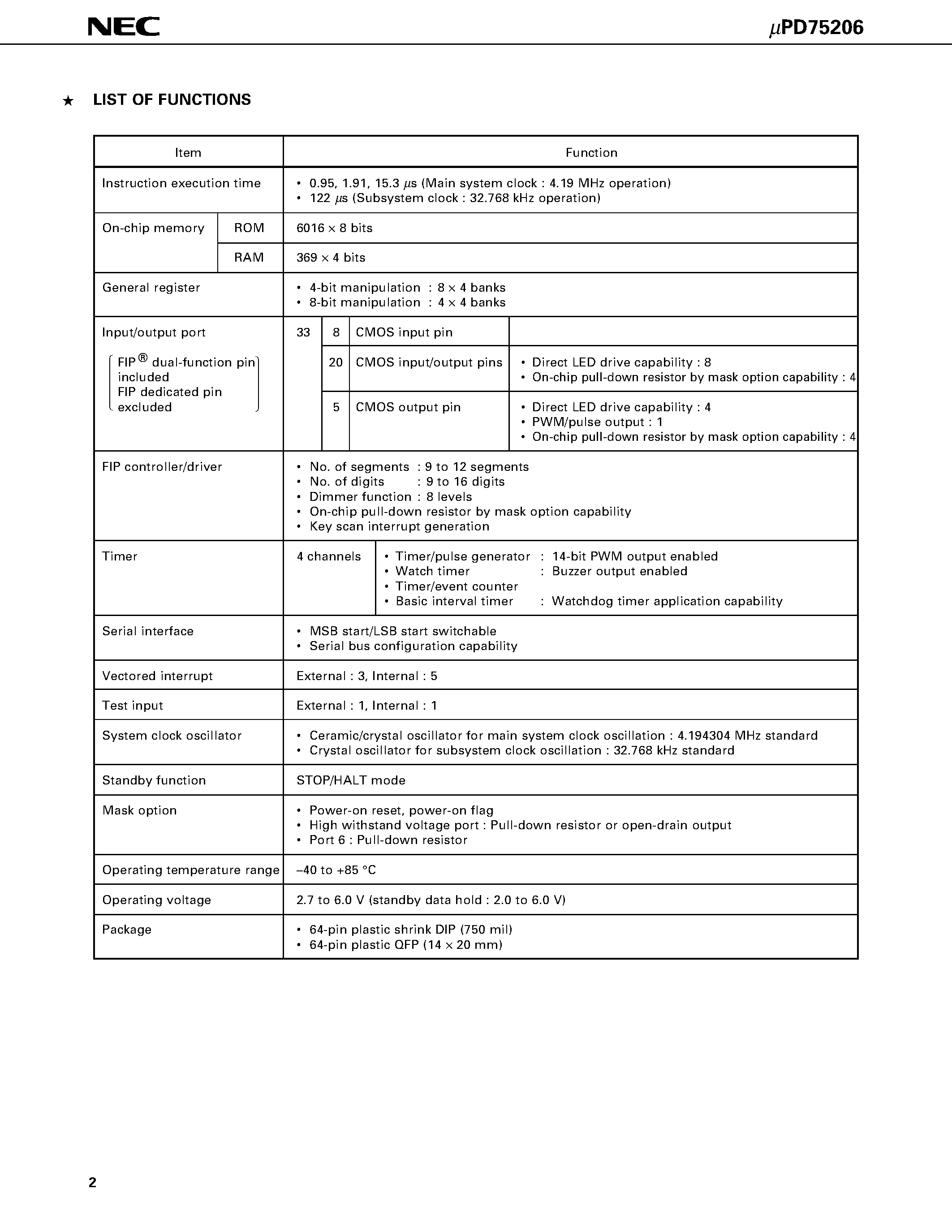 Datasheet UPD75206 - 4-BIT SINGLE-CHIP MICROCOMPUTER page 2