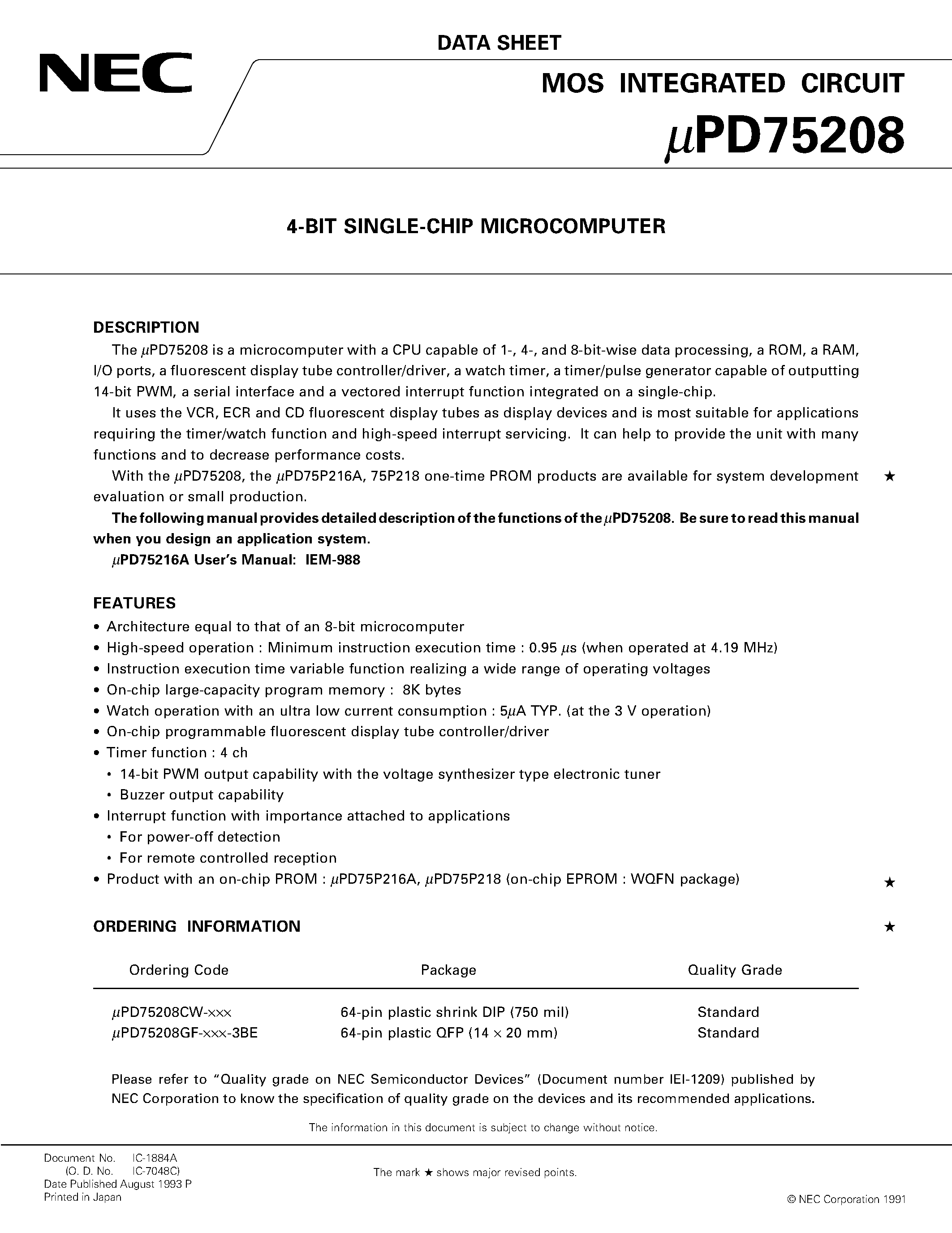 Datasheet UPD75208 - 4-BIT SINGLE-CHIP MICROCOMPUTER page 1