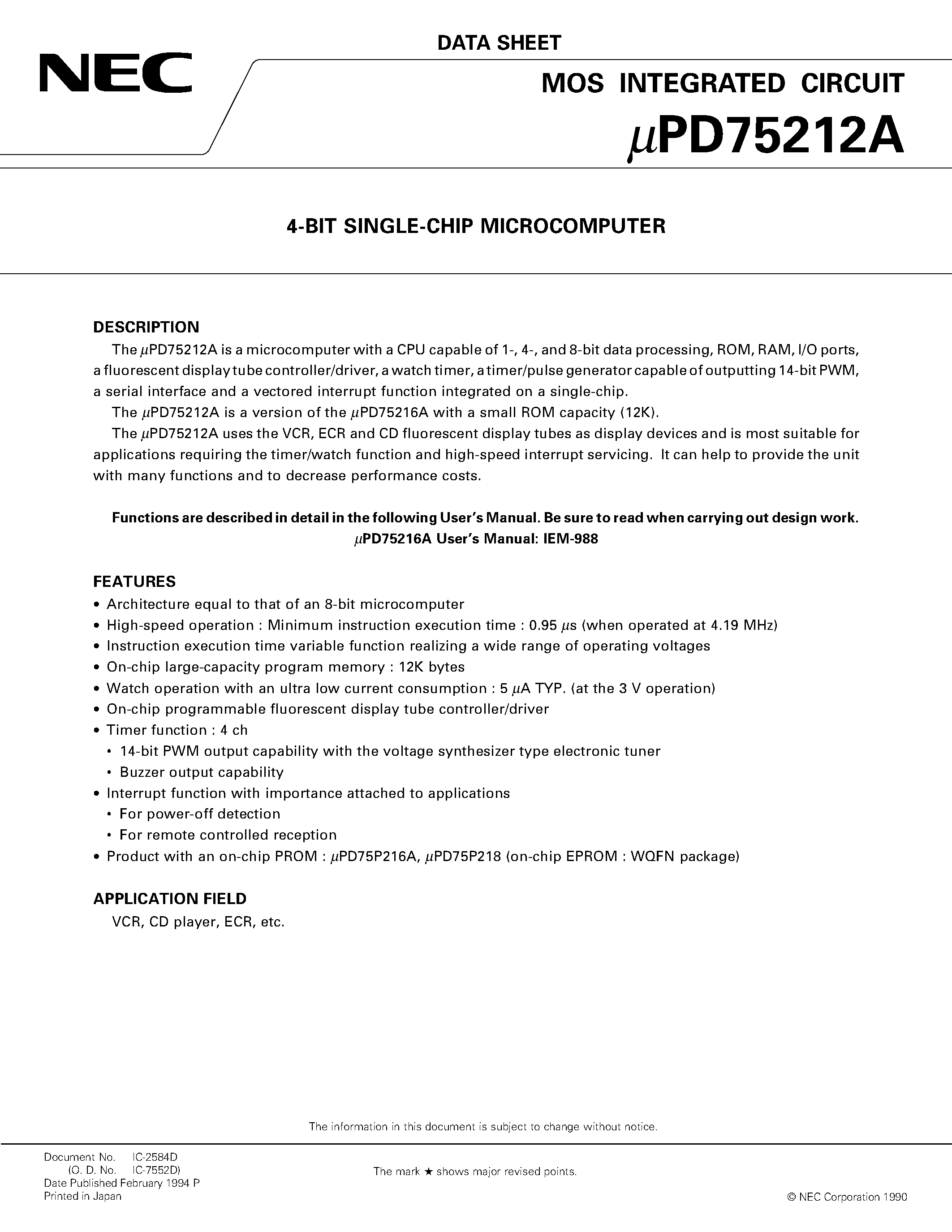 Datasheet UPD75212A - 4-BIT SINGLE-CHIP MICROCOMPUTER page 1