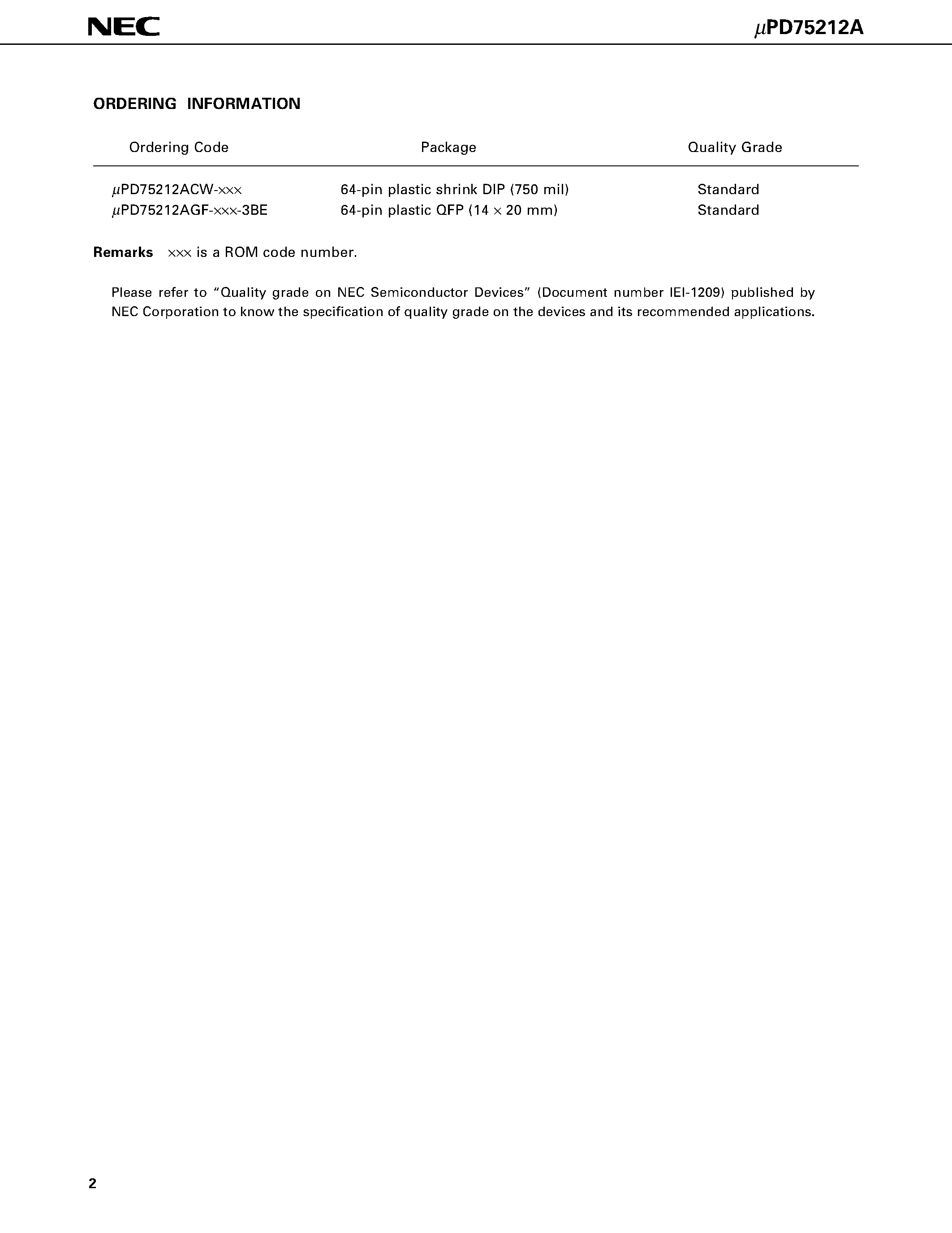 Datasheet UPD75212ACW - 4-BIT SINGLE-CHIP MICROCOMPUTER page 2