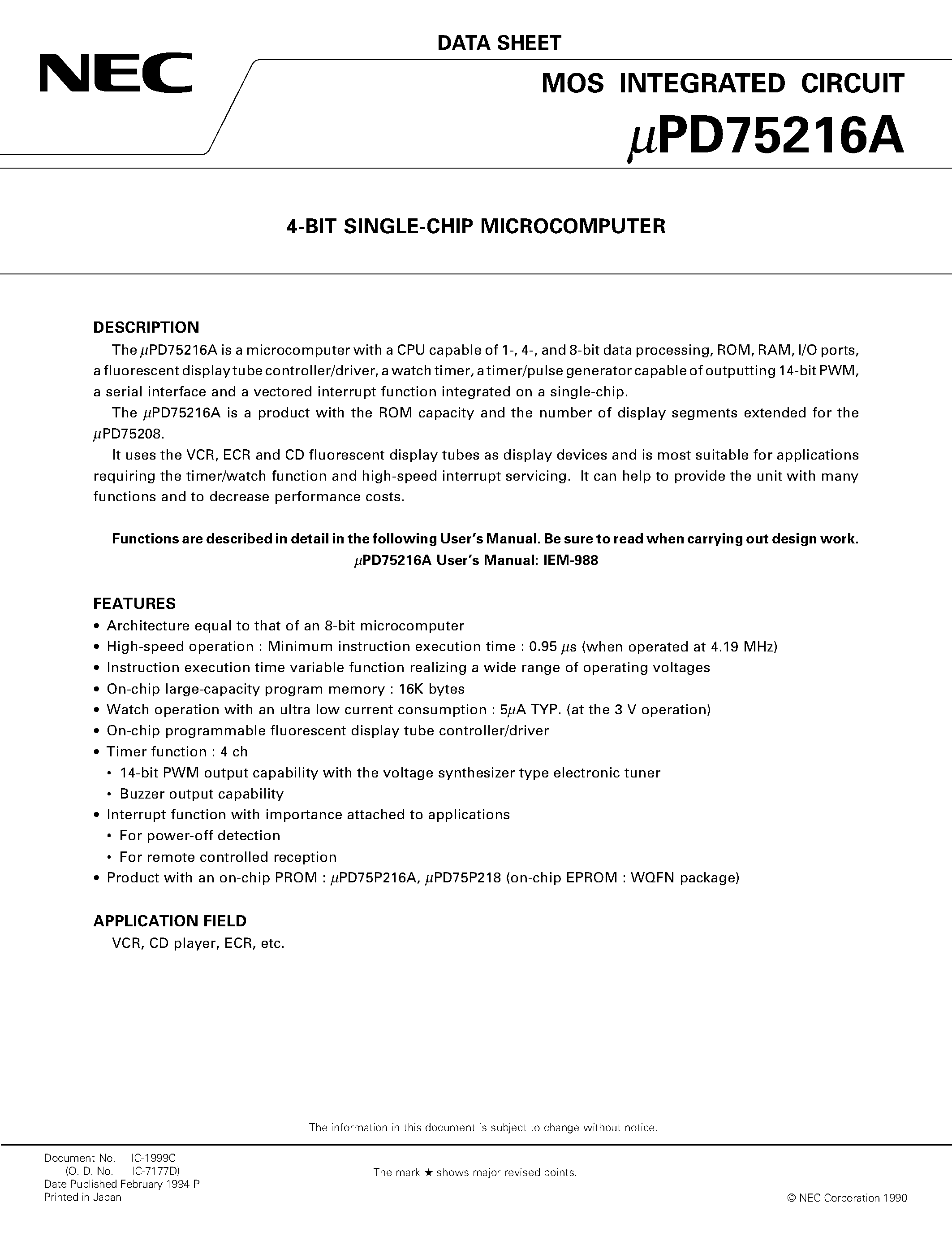 Datasheet UPD75216 - 4-BIT SINGLE-CHIP MICROCOMPUTER page 1