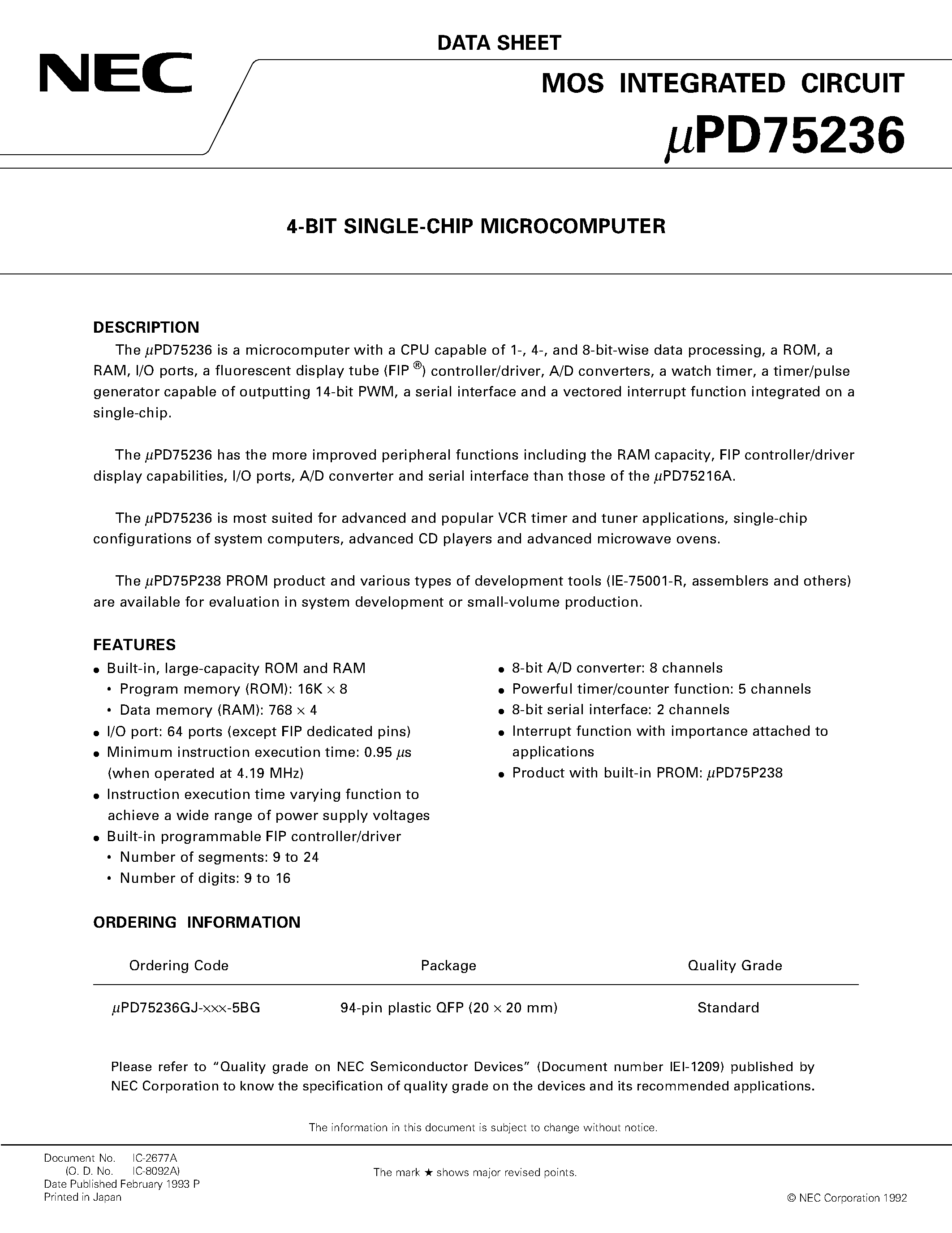 Datasheet UPD75236 - 4-BIT SINGLE-CHIP MICROCOMPUTER page 1