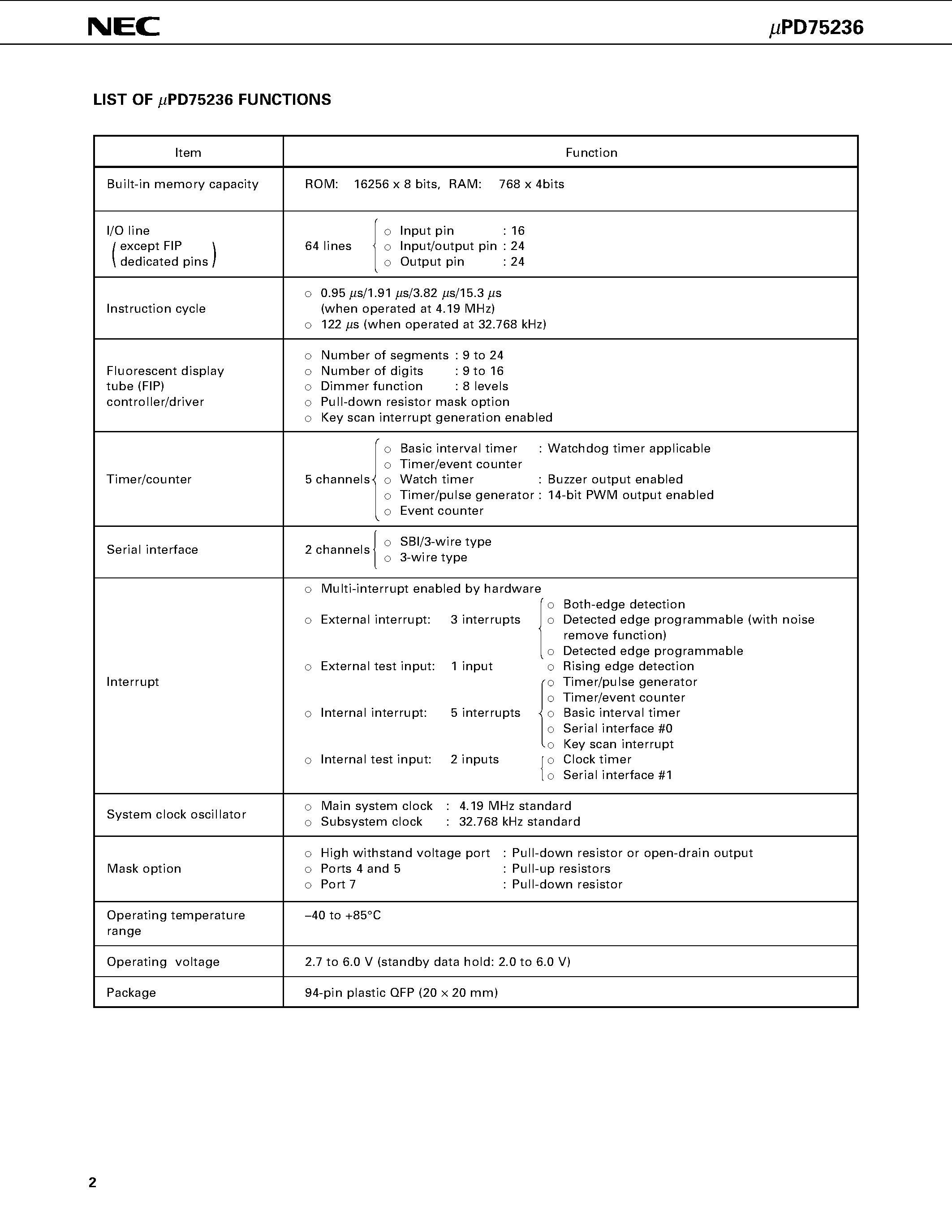 Datasheet UPD75236 - 4-BIT SINGLE-CHIP MICROCOMPUTER page 2