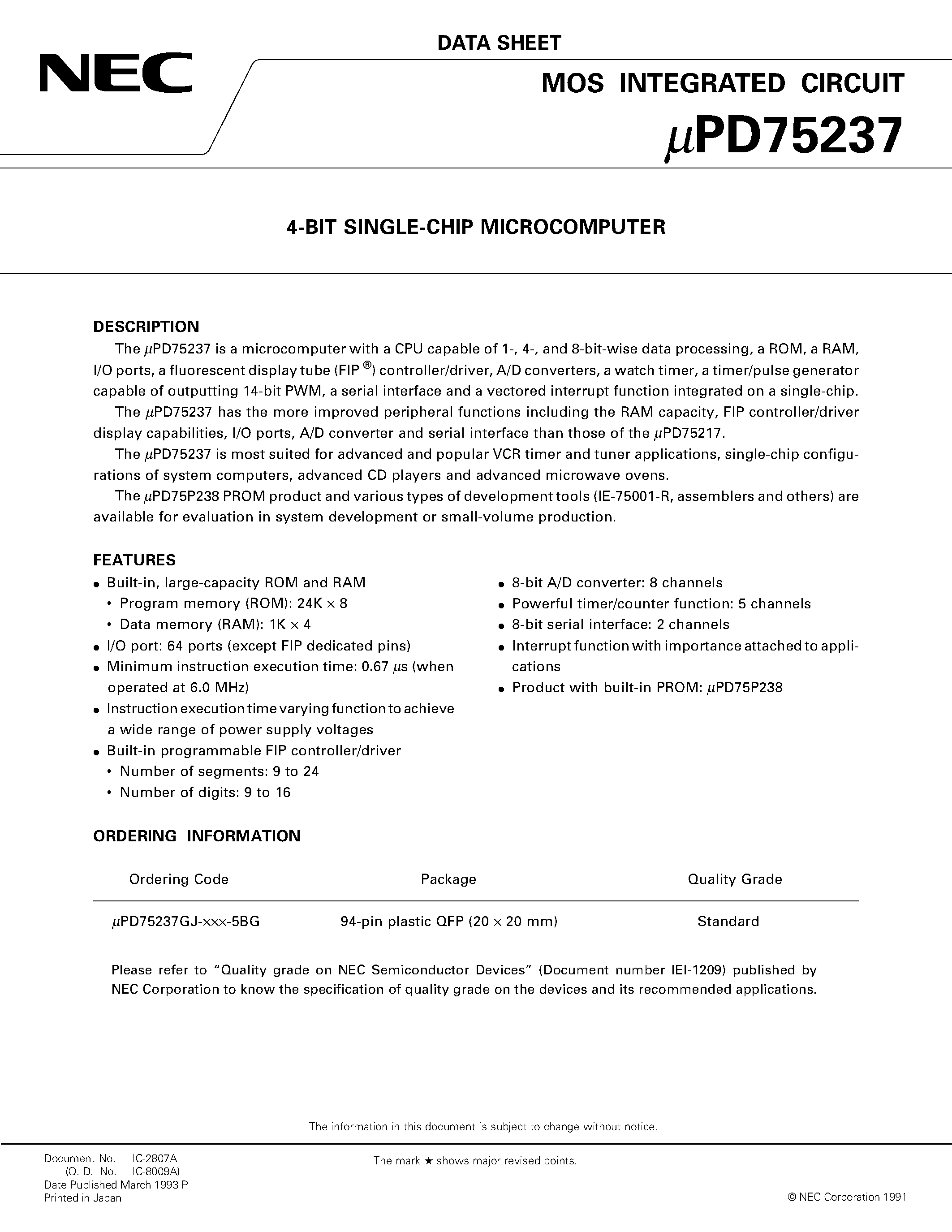 Datasheet UPD75237 - 4-BIT SINGLE-CHIP MICROCOMPUTER page 1