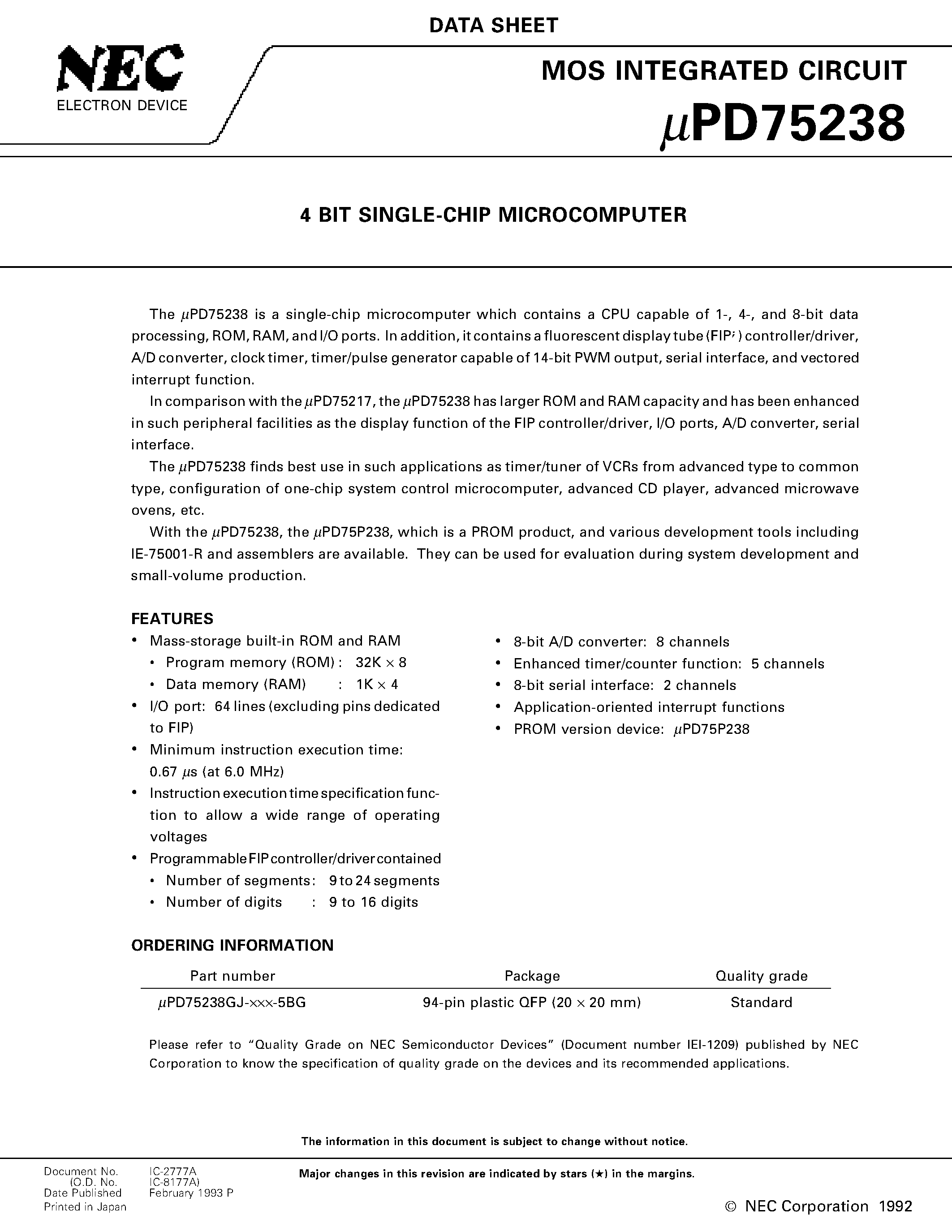 Datasheet UPD75238 - 4 BIT SINGLE-CHIP MICROCOMPUTER page 1