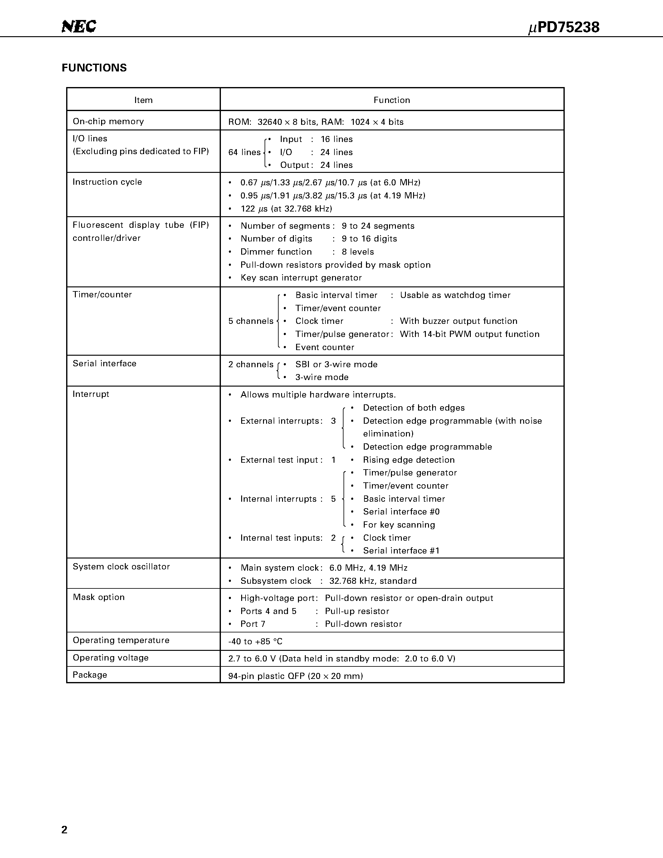 Datasheet UPD75238 - 4 BIT SINGLE-CHIP MICROCOMPUTER page 2