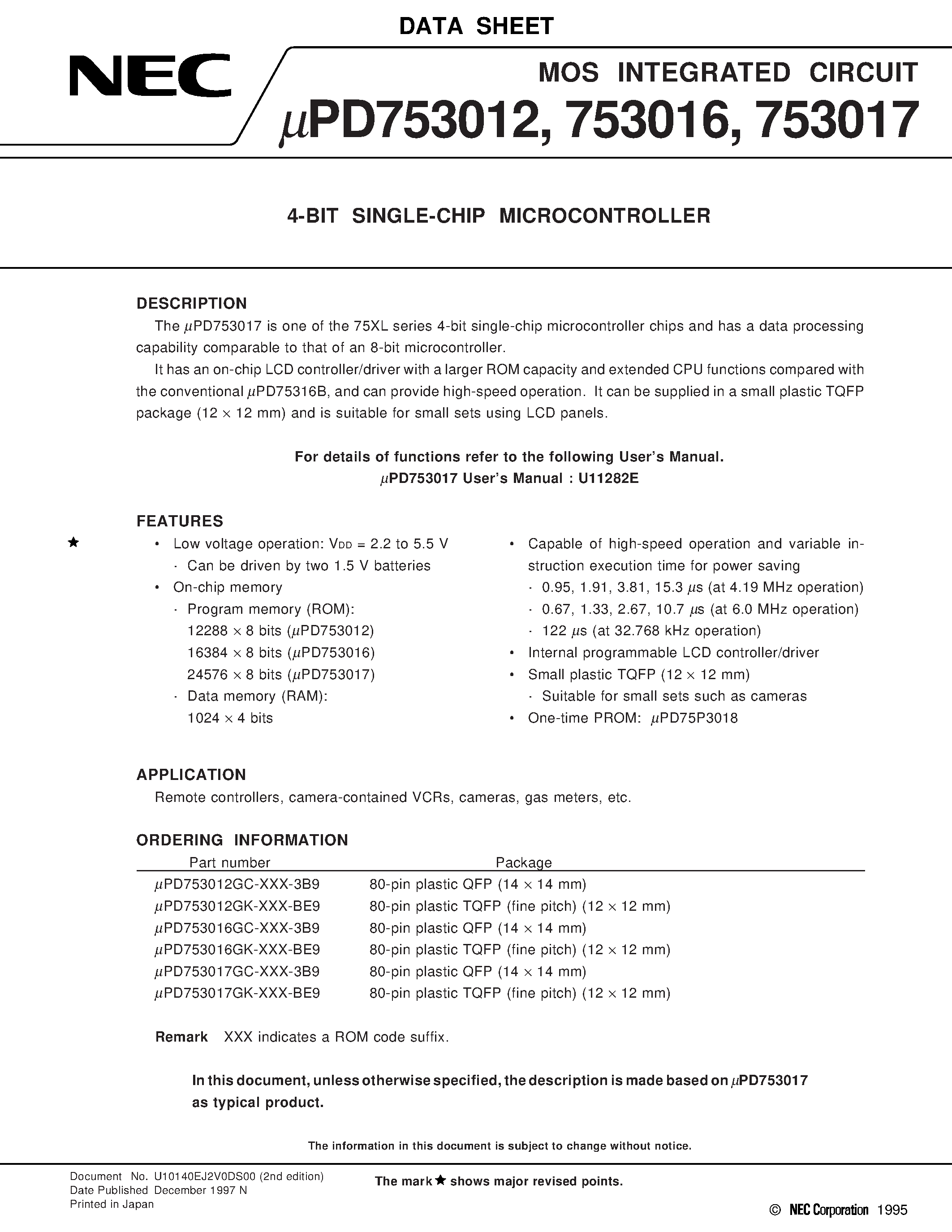 Datasheet UPD753012 - 4-BIT SINGLE-CHIP MICROCONTROLLER page 1