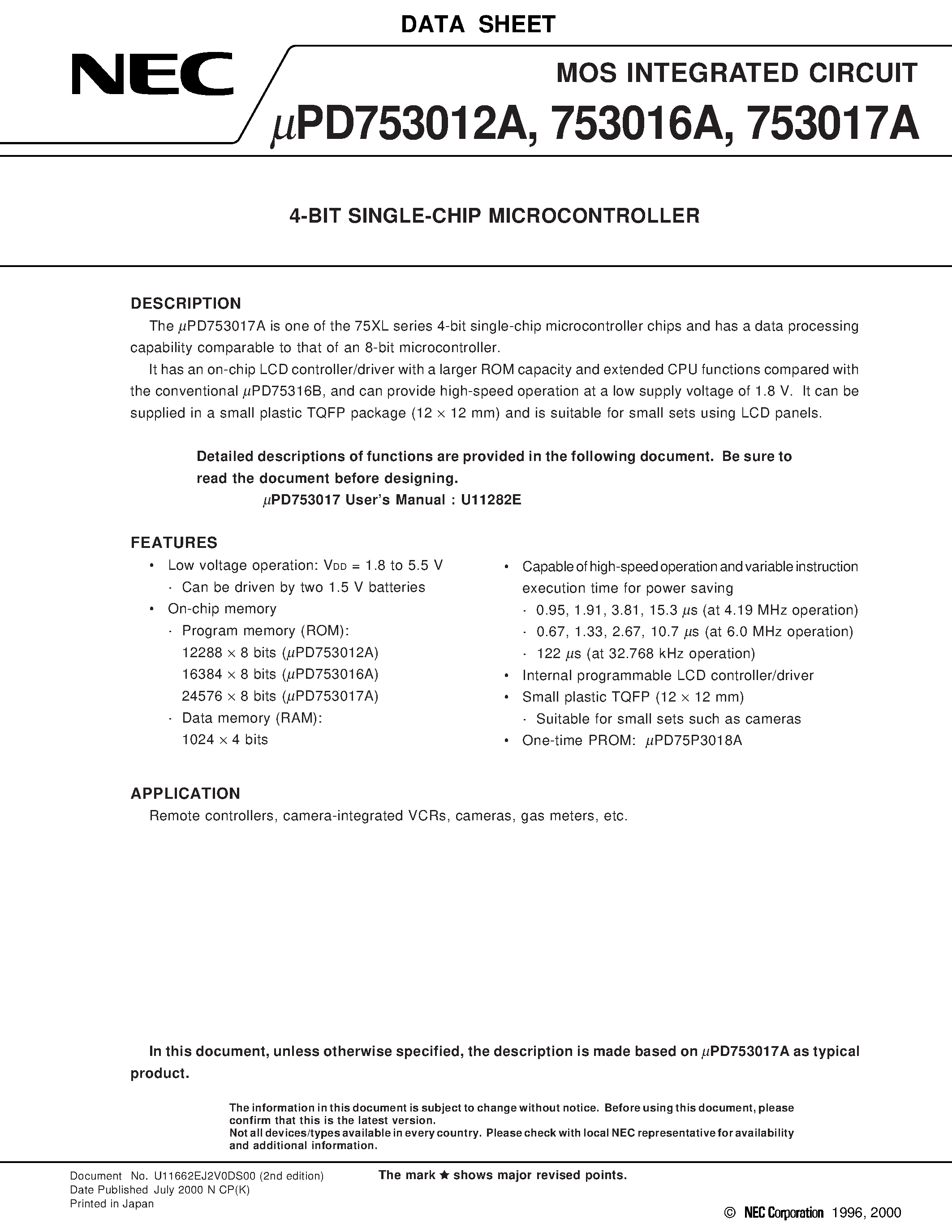 Datasheet UPD753016A - 4-BIT SINGLE-CHIP MICROCONTROLLER page 1