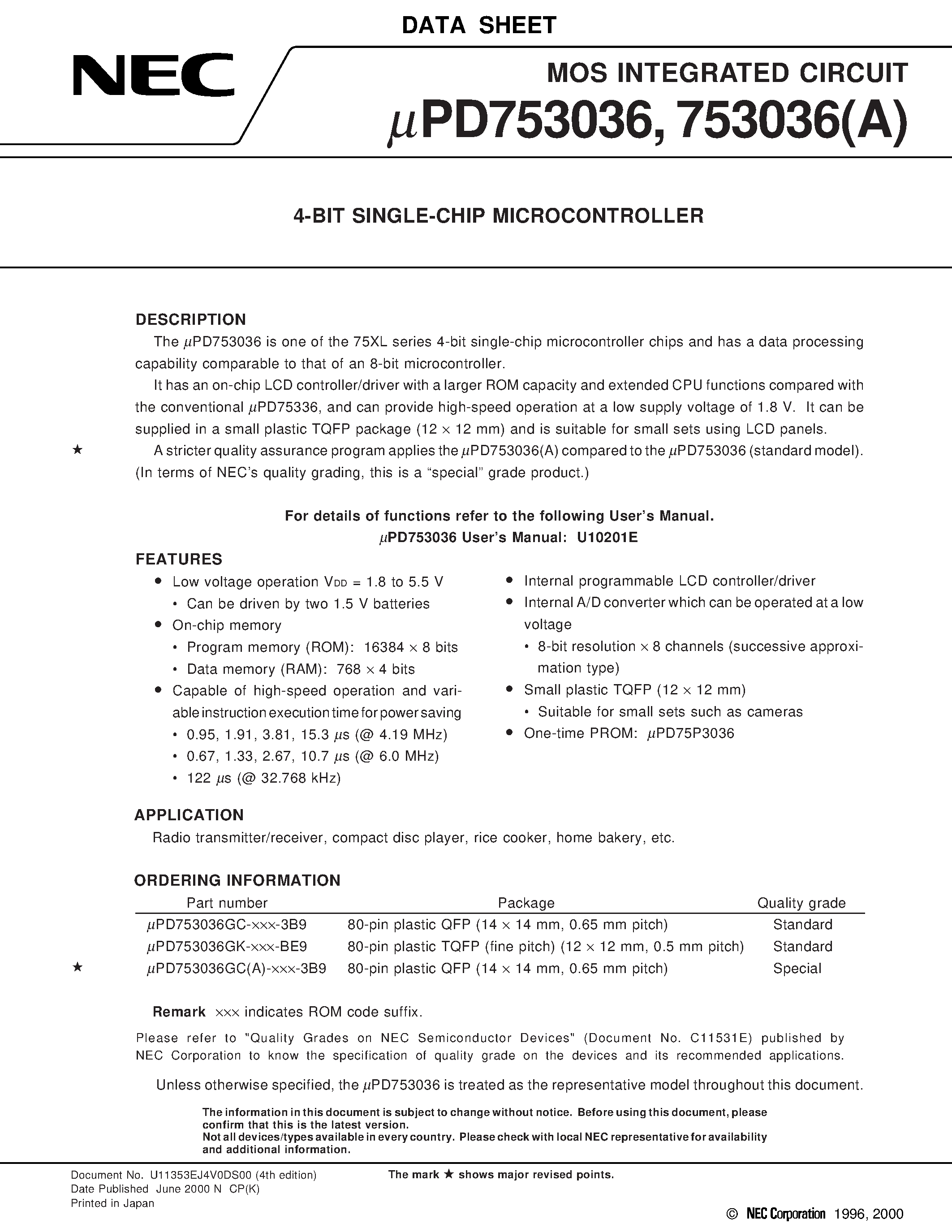 Datasheet UPD753036 - 4-BIT SINGLE-CHIP MICROCONTROLLER page 1