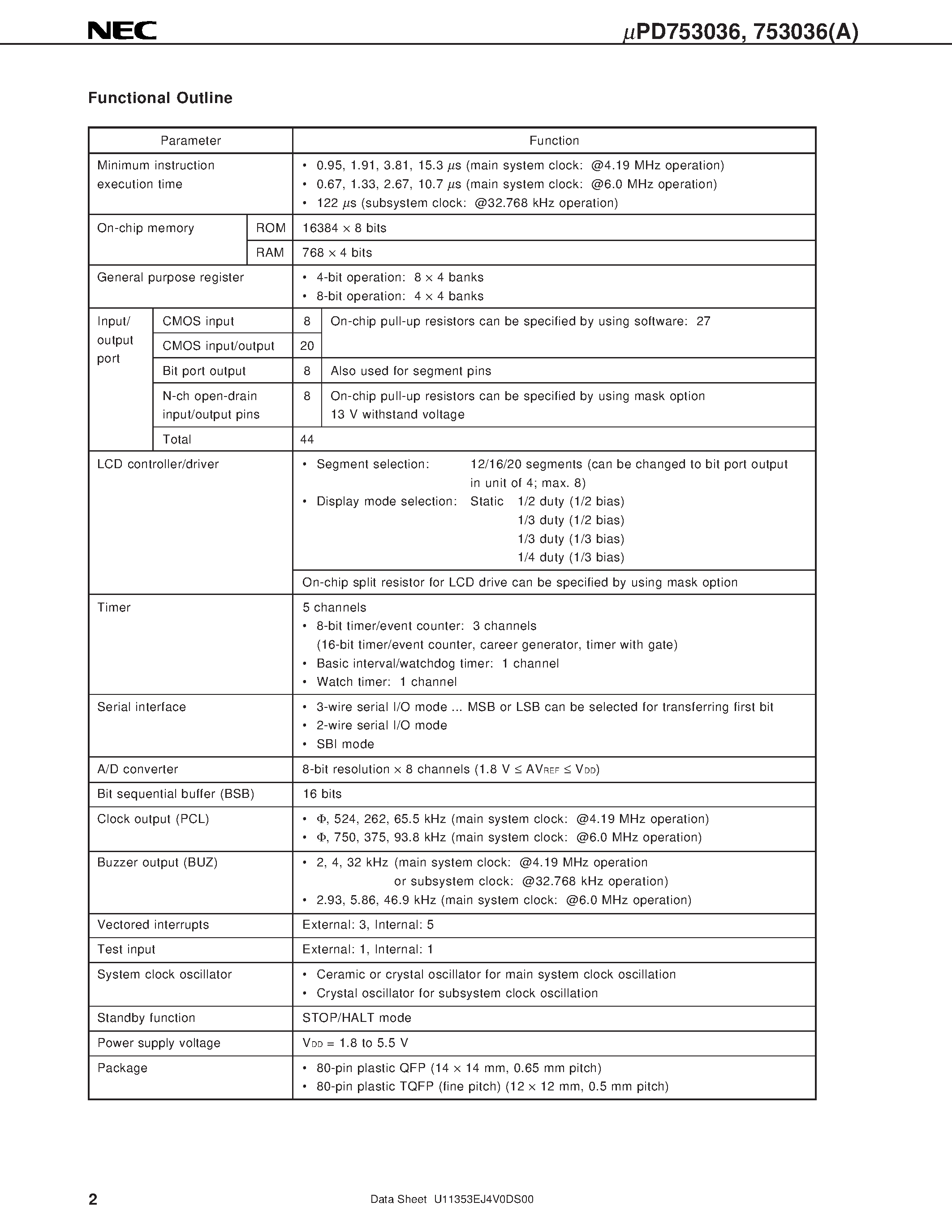 Datasheet UPD753036 - 4-BIT SINGLE-CHIP MICROCONTROLLER page 2