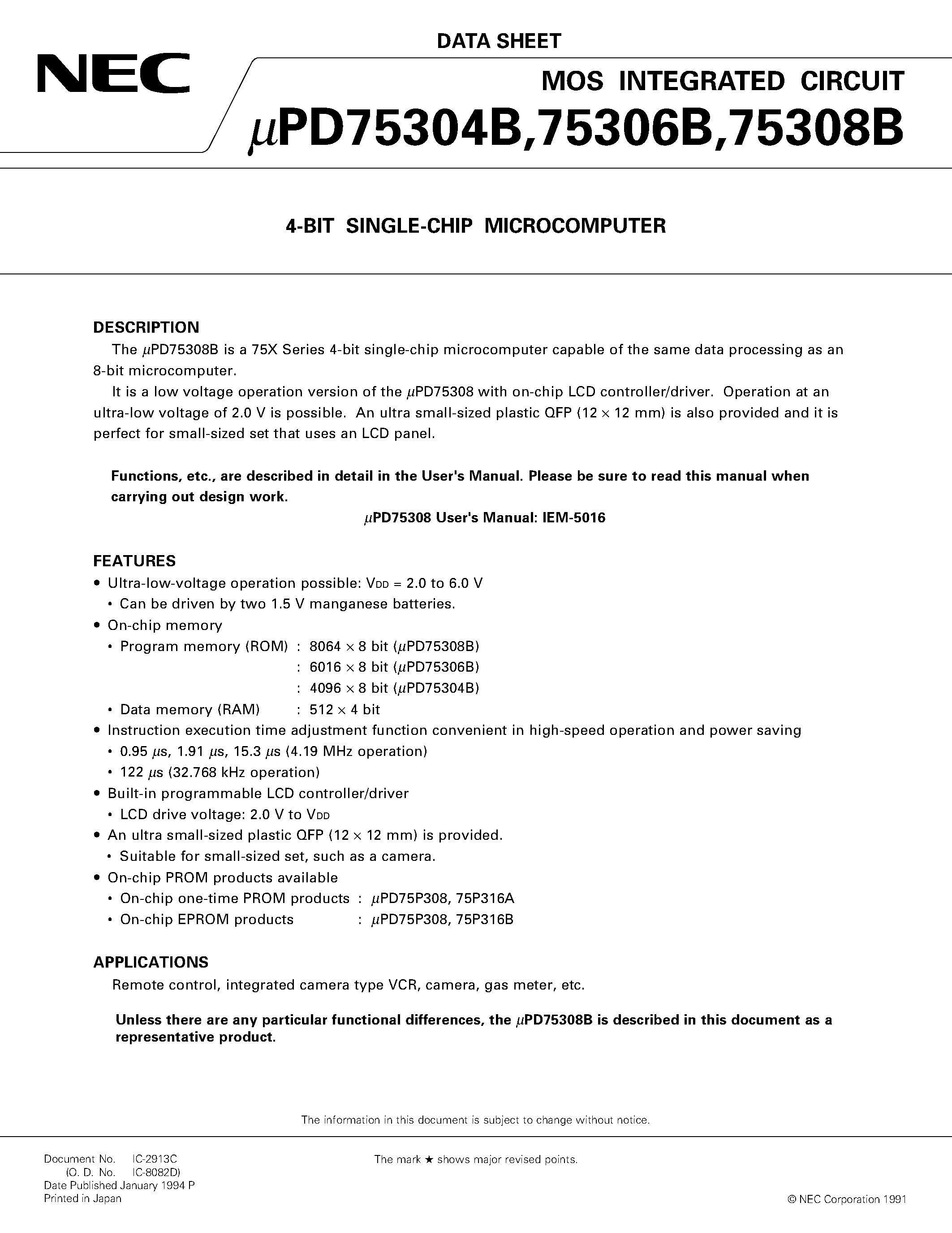 Datasheet UPD75304BGF - 4-BIT SINGLE-CHIP MICROCOMPUTER page 1