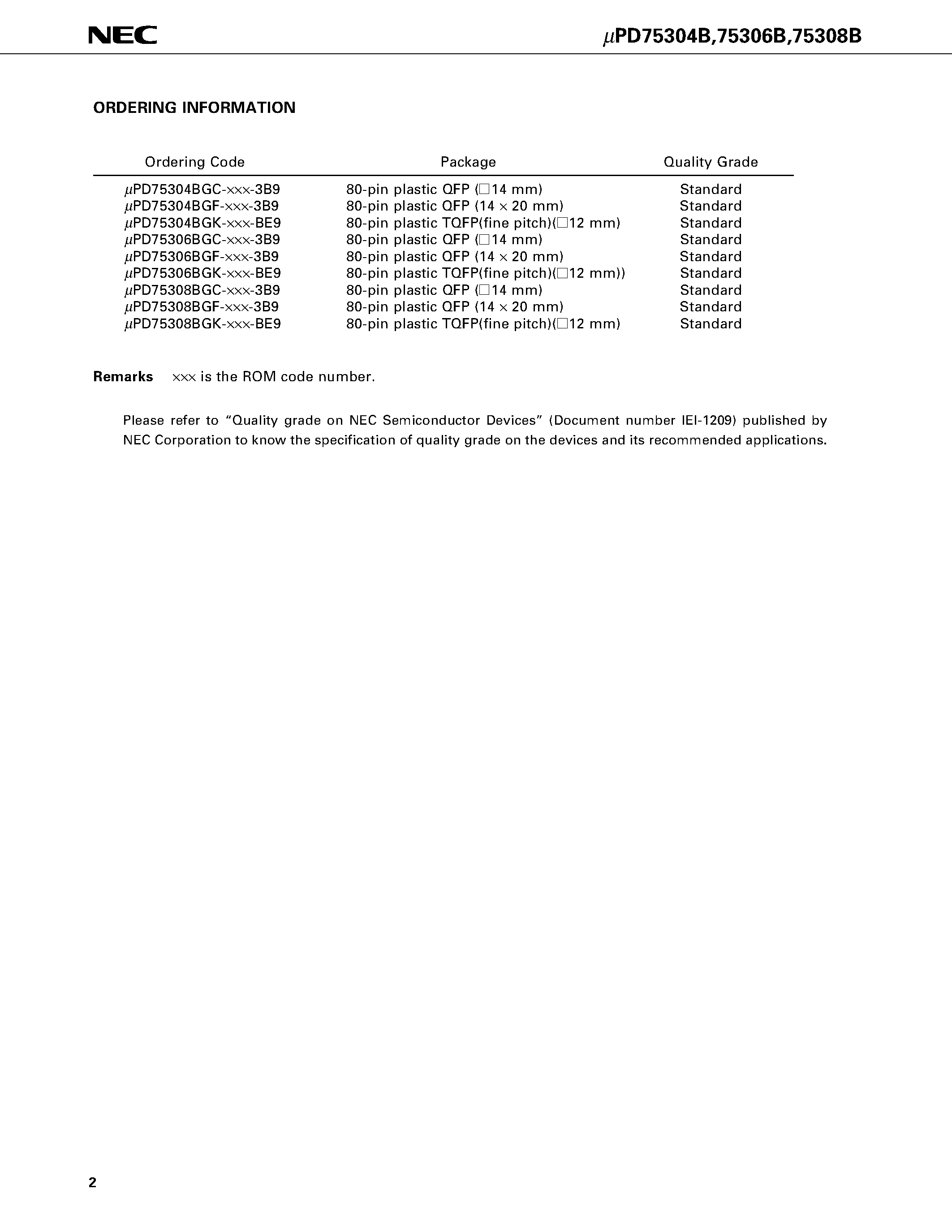 Datasheet UPD75304BGF - 4-BIT SINGLE-CHIP MICROCOMPUTER page 2