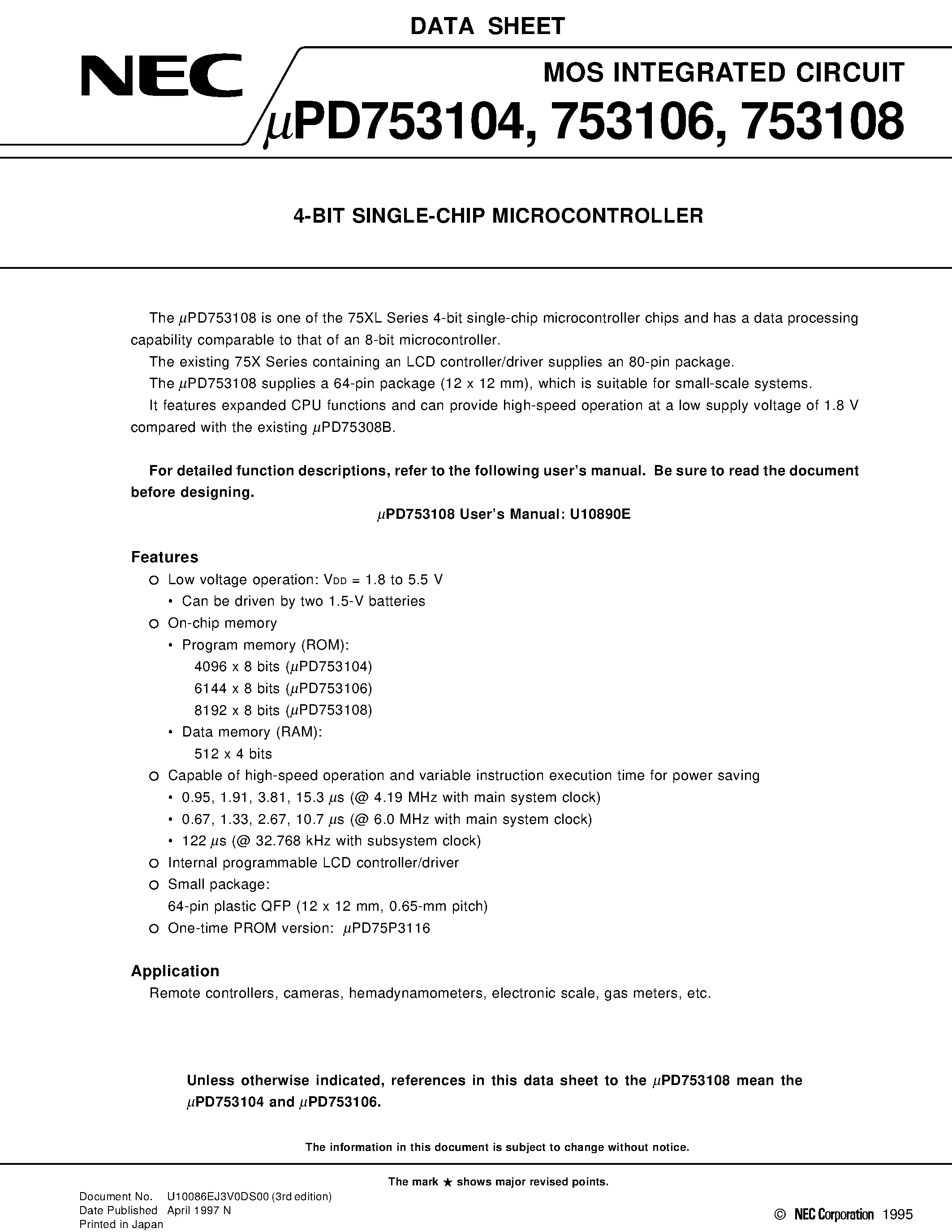 Datasheet UPD753104GC - 4-BIT SINGLE-CHIP MICROCONTROLLER page 1