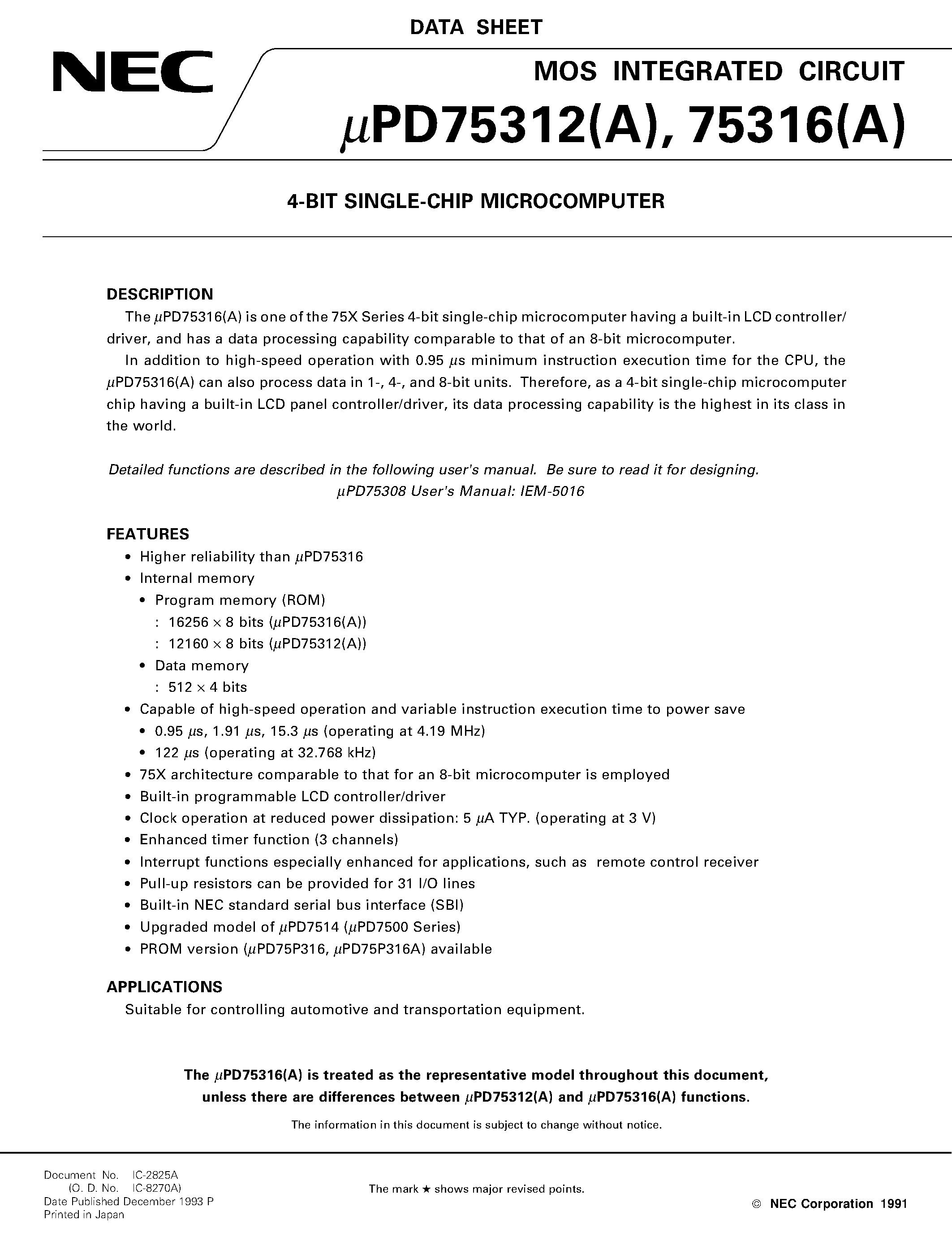 Datasheet UPD75312 - 4-BIT SINGLE-CHIP MICROCOMPUTER page 1